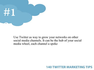 <ul><ul><ul><li>Use Twitter as way to grow your networks on other social media channels. It can be the hub of your social ...