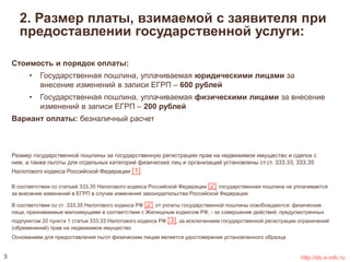 2. Размер платы, взимаемой с заявителя при 
предоставлении государственной услуги: 
Стоимость и порядок оплаты: 
• Государственная пошлина, уплачиваемая юридическими лицами за 
внесение изменений в записи ЕГРП – 600 рублей 
• Государственная пошлина, уплачиваемая физическими лицами за внесение 
изменений в записи ЕГРП – 200 рублей 
Вариант оплаты: безналичный расчет 
Размер государственной пошлины за государственную регистрацию прав на недвижимое имущество и сделок с 
ним, а также льготы для отдельных категорий физических лиц и организаций установлены ст.ст. 333.33, 333.35 
Налогового кодекса Российской Федерации [1] 
В соответствии со статьей 333.35 Налогового кодекса Российской Федерации [2] государственная пошлина не уплачивается 
за внесение изменений в ЕГРП в случае изменения законодательства Российской Федерации 
В соответствии со ст. 333.35 Налогового кодекса РФ [2] от уплаты государственной пошлины освобождаются: физические 
лица, признаваемые малоимущими в соответствии с Жилищным кодексом РФ, - за совершение действий, предусмотренных 
подпунктом 20 пункта 1 статьи 333.33 Налогового кодекса РФ [3], за исключением государственной регистрации ограничений 
(обременений) прав на недвижимое имущество 
Основанием для предоставления льгот физическим лицам является удостоверение установленного образца 
3 http://do.e-mfc.ru 
 