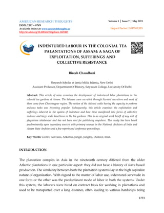 INDENTURED LABOUR IN THE COLONIAL TEA PALANTATIONS OF ASSAM: A SAGA OF ...