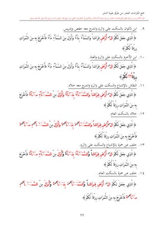 ‫النشر‬ ‫طيبة‬ ‫طرق‬ ‫من‬ ‫العشر‬ ‫اءات‬‫ر‬‫الق‬ ‫مجع‬
‫برسول‬ ‫السند‬ ‫متصل‬ ‫جماز‬ ‫شيخ‬ ‫عن‬ ‫التلقي‬ ‫هو‬ ‫التعلم‬ ‫يف‬ ‫األصل‬‫و‬ ،‫لالستذكار‬ ‫وسيلة‬ ‫هو‬ ‫بل‬ ‫العشر‬ ‫اءات‬‫ر‬‫الق‬ ‫مجع‬ ‫لتعلم‬ ‫وسيلة‬ ‫ليس‬ ‫الكتاب‬ ‫هذا‬‫وسلم‬ ‫عليه‬ ‫اهلل‬ ‫صلى‬ ‫اهلل‬.
99
9.‫ان‬‫و‬‫ذك‬ ‫ابن‬‫بالسكت‬‫على‬(‫ال‬)‫يس‬‫ر‬‫وإد‬ ‫حفل‬ ‫معه‬ ‫ج‬‫اندر‬‫و‬.
{َّ‫ل‬‫ا‬‫ِي‬‫ذ‬ُ‫م‬ُ‫ك‬َ‫ل‬ َ‫ل‬َ‫ع‬َ‫ج‬‫ا‬‫ل‬‫س‬
ِ‫ض‬ْ‫ر‬َ‫أ‬ً‫ا‬‫َاش‬‫ر‬ِ‫ف‬َ‫م‬َّ‫س‬‫ل‬‫ا‬َ‫و‬‫آ‬َ‫ء‬َ‫ن‬ِ‫ب‬‫آ‬ً‫ء‬َ‫ن‬ِ‫م‬ َ‫ل‬َ‫ز‬‫ن‬َ‫أ‬َ‫و‬َ‫م‬َّ‫س‬‫ل‬‫ا‬‫آ‬ِ‫ء‬َ‫م‬‫آ‬ً‫ء‬ِ‫ت‬‫َا‬‫ر‬َ‫م‬َّ‫ث‬‫ل‬‫ا‬ َ‫ن‬ِ‫م‬ ِ‫ه‬ِ‫ب‬ َ‫ج‬َ‫ر‬ْ‫خ‬َ‫أ‬َ‫ف‬
ْ‫م‬ُ‫ك‬َّ‫ل‬ ً‫ا‬‫ْق‬‫ز‬ِ‫ر‬}
10.‫ابن‬‫بالسكت‬ ‫األخر‬‫على‬(‫ال‬)‫الغنة‬‫و‬.
{‫ِي‬‫ذ‬َّ‫ل‬‫ا‬ُ‫م‬ُ‫ك‬َ‫ل‬ َ‫ل‬َ‫ع‬َ‫ج‬‫ا‬‫ل‬‫س‬
ِ‫ض‬ْ‫ر‬َ‫أ‬ً‫ا‬‫َاش‬‫ر‬ِ‫ف‬َ‫م‬َّ‫س‬‫ل‬‫ا‬َ‫و‬‫آ‬َ‫ء‬َ‫ن‬ِ‫ب‬‫آ‬ً‫ء‬َ‫ل‬َ‫ز‬‫ن‬َ‫أ‬َ‫و‬َ‫ن‬ِ‫م‬َ‫م‬َّ‫س‬‫ل‬‫ا‬‫آ‬ِ‫ء‬َ‫م‬‫آ‬ً‫ء‬ِ‫ت‬‫َا‬‫ر‬َ‫م‬َّ‫ث‬‫ل‬‫ا‬ َ‫ن‬ِ‫م‬ ِ‫ه‬ِ‫ب‬ َ‫ج‬َ‫ر‬ْ‫خ‬َ‫أ‬َ‫ف‬
‫ْق‬‫ز‬ِ‫ر‬ً‫ا‬‫غنة‬
َ‫ل‬ْ‫م‬ُ‫ك‬}
11.‫باإلشباع‬ ‫النقاش‬‫السكت‬‫و‬‫على‬(‫ال‬)‫خالد‬ ‫معه‬ ‫ج‬‫اندر‬‫و‬.
{‫ِي‬‫ذ‬َّ‫ل‬‫ا‬ُ‫م‬ُ‫ك‬َ‫ل‬ َ‫ل‬َ‫ع‬َ‫ج‬‫ا‬‫ل‬‫س‬
ِ‫ف‬ ِ‫ض‬ْ‫ر‬َ‫أ‬َ‫م‬َّ‫س‬‫ل‬‫ا‬َ‫و‬ ً‫ا‬‫َاش‬‫ر‬َ~6
‫آ‬َ‫ء‬َ‫ن‬ِ‫ب‬~6
‫آ‬ً‫ء‬َ‫ل‬َ‫ز‬‫ن‬َ‫أ‬َ‫و‬‫ِن‬‫م‬َ‫َّم‬‫س‬‫ل‬‫ا‬َ~6
‫آ‬ِ‫ء‬‫م‬َ~6
‫آ‬ً‫ء‬َ‫ج‬َ‫ر‬ْ‫خ‬َ‫أ‬َ‫ف‬
ِ‫ه‬ِ‫ب‬ْ‫م‬ُ‫ك‬َّ‫ل‬ ً‫ا‬‫ْق‬‫ز‬ِ‫ر‬ ِ‫ت‬‫َا‬‫ر‬َ‫م‬َّ‫ث‬‫ل‬‫ا‬ َ‫ن‬ِ‫م‬}
12.‫خالد‬‫بالس‬‫العا‬ ‫كت‬.
{‫ِي‬‫ذ‬َّ‫ل‬‫ا‬ُ‫م‬ُ‫ك‬َ‫ل‬ َ‫ل‬َ‫ع‬َ‫ج‬‫ا‬‫ل‬‫س‬
ِ‫ف‬ ِ‫ض‬ْ‫ر‬َ‫أ‬َ‫م‬َّ‫س‬‫ل‬‫ا‬َ‫و‬ ً‫ا‬‫َاش‬‫ر‬َ~6
‫آ‬
‫س‬
َ‫ء‬َ‫ن‬ِ‫ب‬~6
‫آ‬
‫س‬
ً‫ء‬َ‫ل‬َ‫ز‬‫ن‬َ‫أ‬َ‫و‬‫ِن‬‫م‬َ‫َّم‬‫س‬‫ل‬‫ا‬َ~6
‫آ‬
‫س‬
ِ‫ء‬‫م‬َ~6
‫آ‬
‫س‬
ً‫ء‬
ْ‫م‬ُ‫ك‬َّ‫ل‬ ً‫ا‬‫ْق‬‫ز‬ِ‫ر‬ ِ‫ت‬‫َا‬‫ر‬َ‫م‬َّ‫ث‬‫ل‬‫ا‬ َ‫ن‬ِ‫م‬ ِ‫ه‬ِ‫ب‬ َ‫ج‬َ‫ر‬ْ‫خ‬َ‫أ‬َ‫ف‬}
13.‫باإلشباع‬ ‫محزة‬ ‫عن‬ ‫خلف‬‫على‬ ‫السكت‬‫و‬(‫ال‬).
{‫ِي‬‫ذ‬َّ‫ل‬‫ا‬ُ‫م‬ُ‫ك‬َ‫ل‬ َ‫ل‬َ‫ع‬َ‫ج‬‫ا‬‫ل‬‫س‬
ِ‫ف‬ ِ‫ض‬ْ‫ر‬َ‫أ‬‫َاش‬‫ر‬َّ‫و‬ ً‫ا‬َ‫م‬َّ‫س‬‫ل‬‫ا‬~6
‫آ‬َ‫ء‬َ‫ن‬ِ‫ب‬~6
‫آ‬ً‫ء‬َّ‫و‬َ‫ل‬َ‫ز‬‫ن‬َ‫أ‬‫ِن‬‫م‬َ‫َّم‬‫س‬‫ل‬‫ا‬َ~6
‫آ‬ِ‫ء‬‫م‬َ~6
‫آ‬ً‫ء‬َ‫ج‬َ‫ر‬ْ‫خ‬َ‫أ‬َ‫ف‬
ْ‫م‬ُ‫ك‬َّ‫ل‬ ً‫ا‬‫ْق‬‫ز‬ِ‫ر‬ ِ‫ت‬‫َا‬‫ر‬َ‫م‬َّ‫ث‬‫ل‬‫ا‬ َ‫ن‬ِ‫م‬ ِ‫ه‬ِ‫ب‬}
14.‫محزة‬ ‫عن‬ ‫خلف‬‫بالس‬‫العا‬ ‫كت‬.
{‫ِي‬‫ذ‬َّ‫ل‬‫ا‬َ‫ع‬َ‫ج‬َ‫ل‬ َ‫ل‬ُ‫م‬ُ‫ك‬‫ا‬‫ل‬‫س‬
ِ‫ف‬ ِ‫ض‬ْ‫ر‬َ‫أ‬َ‫ر‬‫اش‬َّ‫و‬ ً‫ا‬َ‫م‬َّ‫س‬‫ل‬‫ا‬َ~6
‫آ‬
‫س‬
َ‫ء‬َ‫ن‬ِ‫ب‬~6
‫آ‬
‫س‬
ً‫ء‬َّ‫و‬‫ن‬َ‫أ‬َ‫ل‬َ‫ز‬‫ِن‬‫م‬َ‫َّم‬‫س‬‫ل‬‫ا‬َ~6
‫آ‬
‫س‬
ِ‫ء‬
‫م‬َ~6
‫آ‬
‫س‬
ً‫ء‬ْ‫م‬ُ‫ك‬َّ‫ل‬ ً‫ا‬‫ْق‬‫ز‬ِ‫ر‬ ِ‫ت‬‫َا‬‫ر‬َ‫م‬َّ‫ث‬‫ل‬‫ا‬ َ‫ن‬ِ‫م‬ ِ‫ه‬ِ‫ب‬ َ‫ج‬َ‫ر‬ْ‫خ‬َ‫أ‬َ‫ف‬}
1
 