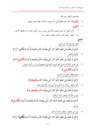 ‫النشر‬ ‫طيبة‬ ‫طرق‬ ‫من‬ ‫العشر‬ ‫اءات‬‫ر‬‫الق‬ ‫مجع‬
‫برسول‬ ‫السند‬ ‫متصل‬ ‫جماز‬ ‫شيخ‬ ‫عن‬ ‫التلقي‬ ‫هو‬ ‫التعلم‬ ‫يف‬ ‫األصل‬‫و‬ ،‫لالستذكار‬ ‫وسيلة‬ ‫هو‬ ‫بل‬ ‫العشر‬ ‫اءات‬‫ر‬‫الق‬ ‫مجع‬ ‫لتعلم‬ ‫وسيلة‬ ‫ليس‬ ‫الكتاب‬ ‫هذا‬‫وسلم‬ ‫عليه‬ ‫اهلل‬ ‫صلى‬ ‫اهلل‬.
105
‫الباقون‬ ‫أدغمها‬‫و‬‫غنة‬ ‫بغ‬.
2.‫ﰁ‬:‫أمال‬‫الكسائي‬‫و‬ ‫محزة‬‫لف‬ ‫وقفا‬ ‫التأنيث‬ ‫هاء‬ ‫مع‬ ‫اء‬‫ر‬‫ال‬‫عنهما‬.
3.‫ﰄ‬:
‫أ‬.‫ورويس‬ ‫الكسائي‬ ‫ودوري‬ ‫عمرو‬ ‫أبو‬ ‫ألفها‬ ‫أمال‬‫األزرق‬ ‫وقللها‬ ‫عنه‬ ‫لف‬ ‫ان‬‫و‬‫ذك‬ ‫ابن‬‫و‬.
‫ب‬.‫عليها‬ ‫ووقف‬‫ا‬‫عنه‬ ‫لف‬ ‫يعقوب‬ ‫السكت‬ ‫اء‬.
‫الجمع‬
1.‫معه‬ ‫ج‬‫اندر‬‫و‬ ‫قالون‬‫من‬‫ج‬‫اندر‬.
{َ‫ر‬‫َا‬‫ج‬ِ‫ح‬ْ‫ل‬‫ا‬َ‫و‬ ُ‫س‬‫َّا‬‫ن‬‫ل‬‫ا‬ ‫َا‬‫ه‬ُ‫د‬‫ُو‬‫ق‬َ‫و‬ ‫ِي‬‫ت‬َّ‫ل‬‫ا‬ َ‫ر‬‫َّا‬‫ن‬‫ل‬‫ا‬ ْ‫ا‬‫ُو‬‫ق‬َّ‫ت‬‫َا‬‫ف‬ ْ‫ا‬‫ُو‬‫ل‬َ‫ع‬ْ‫ف‬َ‫ت‬ ‫َن‬‫ل‬َ‫و‬ ْ‫ا‬‫ُو‬‫ل‬َ‫ع‬ْ‫ف‬َ‫ت‬ ْ‫م‬َّ‫ل‬ ‫ِن‬‫إ‬َ‫ف‬َ‫ن‬‫ي‬ِ‫ر‬ِ‫ف‬‫َا‬‫ك‬ْ‫ل‬ِ‫ل‬ ْ‫ت‬َّ‫د‬ِ‫ع‬ُ‫أ‬ ُ‫ة‬‫ﰅ‬}
2.‫األزرق‬‫بالتقليل‬.
{ْ‫ت‬َّ‫د‬ِ‫ع‬ُ‫أ‬ ُ‫ة‬َ‫ر‬‫َا‬‫ج‬ِ‫ح‬ْ‫ل‬‫ا‬َ‫و‬ ُ‫س‬‫َّا‬‫ن‬‫ل‬‫ا‬ ‫َا‬‫ه‬ُ‫د‬‫ُو‬‫ق‬َ‫و‬ ‫ِي‬‫ت‬َّ‫ل‬‫ا‬ َ‫ر‬‫َّا‬‫ن‬‫ل‬‫ا‬ ْ‫ا‬‫ُو‬‫ق‬َّ‫ت‬‫َا‬‫ف‬ ْ‫ا‬‫ُو‬‫ل‬َ‫ع‬ْ‫ف‬َ‫ت‬ ‫َن‬‫ل‬َ‫و‬ ْ‫ا‬‫ُو‬‫ل‬َ‫ع‬ْ‫ف‬َ‫ت‬ ْ‫م‬َّ‫ل‬ ‫ِن‬‫إ‬َ‫ف‬‫ْكا‬‫ل‬ِ‫ل‬/َ‫ن‬‫ي‬ِ‫ر‬ِ‫ف‬‫ﰅ‬}
3.‫عمرو‬ ‫أبو‬‫ب‬‫ي‬‫الكسائي‬ ‫دوري‬ ‫معه‬ ‫ج‬‫اندر‬‫و‬ ‫اإلمالة‬‫ي‬‫الصوري‬‫و‬‫و‬ ‫ان‬‫و‬‫ذك‬ ‫ابن‬ ‫عن‬‫رويس‬.
{ْ‫ت‬َّ‫د‬ِ‫ع‬ُ‫أ‬‫ْكا‬‫ل‬ِ‫ل‬//َ‫ن‬‫ي‬ِ‫ر‬ِ‫ف‬}
4.‫التأنيث‬ ‫تاء‬ ‫بفتح‬ ‫بالوقف‬ ‫محزة‬.
{ُ‫ق‬َ‫و‬ ‫ِي‬‫ت‬َّ‫ل‬‫ا‬ َ‫ر‬‫َّا‬‫ن‬‫ل‬‫ا‬ ْ‫ا‬‫ُو‬‫ق‬َّ‫ت‬‫َا‬‫ف‬ ْ‫ا‬‫ُو‬‫ل‬َ‫ع‬ْ‫ف‬َ‫ت‬ ‫َن‬‫ل‬َ‫و‬ ْ‫ا‬‫ُو‬‫ل‬َ‫ع‬ْ‫ف‬َ‫ت‬ ْ‫م‬َّ‫ل‬ ‫ِن‬‫إ‬َ‫ف‬ُ‫س‬‫َّا‬‫ن‬‫ل‬‫ا‬ ‫َا‬‫ه‬ُ‫د‬‫و‬ُ‫ة‬َ‫ر‬‫َا‬‫ج‬ِ‫ح‬ْ‫ل‬‫ا‬َ‫و‬}
5.‫التأنيث‬ ‫تاء‬ ‫بدمالة‬ ‫بالوقف‬ ‫محزة‬‫ي‬‫الكسائي‬ ‫معه‬ ‫ج‬‫اندر‬‫و‬‫لفه‬.
{ُ‫ل‬َ‫ع‬ْ‫ف‬َ‫ت‬ ْ‫م‬َّ‫ل‬ ‫ِن‬‫إ‬َ‫ف‬ُ‫ق‬َ‫و‬ ‫ِي‬‫ت‬َّ‫ل‬‫ا‬ َ‫ر‬‫َّا‬‫ن‬‫ل‬‫ا‬ ْ‫ا‬‫ُو‬‫ق‬َّ‫ت‬‫َا‬‫ف‬ ْ‫ا‬‫ُو‬‫ل‬َ‫ع‬ْ‫ف‬َ‫ت‬ ‫َن‬‫ل‬َ‫و‬ ْ‫ا‬‫و‬ُ‫س‬‫َّا‬‫ن‬‫ل‬‫ا‬ ‫َا‬‫ه‬ُ‫د‬‫و‬‫َار‬‫ج‬ِ‫ح‬ْ‫ل‬‫ا‬َ‫و‬//ْ}
6.‫رويس‬‫ب‬‫اإلمالة‬‫السكت‬ ‫ااء‬ ‫الوقف‬‫و‬.
{ْ‫ت‬َّ‫د‬ِ‫ع‬ُ‫أ‬ ُ‫ة‬َ‫ر‬‫ا‬َ‫ج‬ِ‫ح‬ْ‫ل‬‫ا‬َ‫و‬ ُ‫س‬‫ا‬َّ‫ن‬‫ل‬‫ا‬ ‫ا‬َ‫ه‬ُ‫د‬‫ُو‬‫ق‬َ‫و‬ ‫ي‬ ِ‫ت‬َّ‫ل‬‫ا‬ َ‫ر‬‫ا‬َّ‫ن‬‫ل‬‫ا‬ ْ‫ا‬‫ُو‬‫ق‬َّ‫ت‬‫ا‬َ‫ف‬ ْ‫ا‬‫و‬ُ‫ل‬َ‫ع‬ْ‫ف‬َ‫ت‬ ‫ن‬َ‫ل‬َ‫و‬ ْ‫ا‬‫و‬ُ‫ل‬َ‫ع‬ْ‫ف‬َ‫ت‬ ْ‫م‬َّ‫ل‬ ‫ِن‬‫إ‬َ‫ف‬‫ا‬‫ْك‬‫ل‬ِ‫ل‬//َ‫ن‬‫ي‬ِ‫ر‬ِ‫ف‬ْ‫ه‬
‫ﰅ‬}{ْ‫ت‬َّ‫د‬ِ‫ع‬ُ‫أ‬ ُ‫ة‬َ‫ر‬‫َا‬‫ج‬ِ‫ح‬ْ‫ل‬‫ا‬َ‫و‬ ُ‫س‬‫َّا‬‫ن‬‫ل‬‫ا‬ ‫َا‬‫ه‬ُ‫د‬‫ُو‬‫ق‬َ‫و‬ ‫ِي‬‫ت‬َّ‫ل‬‫ا‬ َ‫ر‬‫َّا‬‫ن‬‫ل‬‫ا‬ ْ‫ا‬‫ُو‬‫ق‬َّ‫ت‬‫َا‬‫ف‬ ْ‫ا‬‫ُو‬‫ل‬َ‫ع‬ْ‫ف‬َ‫ت‬ ‫َن‬‫ل‬َ‫و‬ ْ‫ا‬‫ُو‬‫ل‬َ‫ع‬ْ‫ف‬َ‫ت‬ ْ‫م‬َّ‫ل‬ ‫ِن‬‫إ‬َ‫ف‬‫ْكا‬‫ل‬ِ‫ل‬//َ‫ن‬‫ي‬ِ‫ر‬ِ‫ف‬ْ‫ه‬‫ﰅ‬}
7.‫يعقوب‬ ‫عن‬ ‫روا‬‫السكت‬ ‫ااء‬ ‫بالوقف‬.
{ِ‫ت‬َّ‫ل‬‫ا‬ َ‫ر‬‫َّا‬‫ن‬‫ل‬‫ا‬ ْ‫ا‬‫ُو‬‫ق‬َّ‫ت‬‫َا‬‫ف‬ ْ‫ا‬‫ُو‬‫ل‬َ‫ع‬ْ‫ف‬َ‫ت‬ ‫َن‬‫ل‬َ‫و‬ ْ‫ا‬‫ُو‬‫ل‬َ‫ع‬ْ‫ف‬َ‫ت‬ ْ‫م‬َّ‫ل‬ ‫ِن‬‫إ‬َ‫ف‬ْ‫ت‬َّ‫د‬ِ‫ع‬ُ‫أ‬ ُ‫ة‬َ‫ر‬‫َا‬‫ج‬ِ‫ح‬ْ‫ل‬‫ا‬َ‫و‬ ُ‫س‬‫َّا‬‫ن‬‫ل‬‫ا‬ ‫َا‬‫ه‬ُ‫د‬‫ُو‬‫ق‬َ‫و‬ ‫ي‬َ‫ن‬‫ي‬ِ‫ر‬ِ‫ف‬‫َا‬‫ك‬ْ‫ل‬ِ‫ل‬ْ‫ه‬‫ﰅ‬}
 