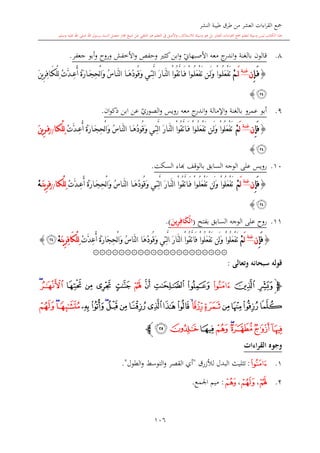 ‫النشر‬ ‫طيبة‬ ‫طرق‬ ‫من‬ ‫العشر‬ ‫اءات‬‫ر‬‫الق‬ ‫مجع‬
‫برسول‬ ‫السند‬ ‫متصل‬ ‫جماز‬ ‫شيخ‬ ‫عن‬ ‫التلقي‬ ‫هو‬ ‫التعلم‬ ‫يف‬ ‫األصل‬‫و‬ ،‫لالستذكار‬ ‫وسيلة‬ ‫هو‬ ‫بل‬ ‫العشر‬ ‫اءات‬‫ر‬‫الق‬ ‫مجع‬ ‫لتعلم‬ ‫وسيلة‬ ‫ليس‬ ‫الكتاب‬ ‫هذا‬‫وسلم‬ ‫عليه‬ ‫اهلل‬ ‫صلى‬ ‫اهلل‬.
106
8.‫قالون‬‫بالغنة‬‫معه‬ ‫ج‬‫اندر‬‫و‬‫ي‬‫األصبهاو‬‫جعفر‬ ‫أبو‬‫و‬ ‫وروا‬ ‫األخفش‬‫و‬ ‫وحفل‬ ‫كا‬‫ابن‬‫و‬.
{ِ‫إ‬َ‫ف‬‫ن‬‫ة‬ ‫غن‬
َ‫ل‬ْ‫م‬ُ‫أ‬ ُ‫ة‬َ‫ر‬‫ا‬َ‫ج‬ِ‫ح‬ْ‫ل‬‫ا‬َ‫و‬ ُ‫س‬‫ا‬َّ‫ن‬‫ل‬‫ا‬ ‫ا‬َ‫ه‬ُ‫د‬‫ُو‬‫ق‬َ‫و‬ ‫ي‬ِ‫ت‬َّ‫ل‬‫ا‬ َ‫ر‬‫ا‬َّ‫ن‬‫ل‬‫ا‬ ْ‫ا‬‫ُو‬‫ق‬َّ‫ت‬‫ا‬َ‫ف‬ ْ‫ا‬‫و‬ُ‫ل‬َ‫ع‬ْ‫ف‬َ‫ت‬ ‫ن‬َ‫ل‬َ‫و‬ ْ‫ا‬‫و‬ُ‫ل‬َ‫ع‬ْ‫ف‬َ‫ت‬َ‫ن‬‫ي‬ِ‫ر‬ِ‫ف‬‫ا‬َ‫ك‬ْ‫ل‬ِ‫ل‬ ْ‫ت‬َّ‫د‬ِ‫ع‬
‫ﰅ‬}
9.‫عمرو‬ ‫أبو‬‫بالغنة‬‫و‬‫معه‬ ‫ج‬‫اندر‬‫و‬ ‫اإلمالة‬‫رويس‬‫ي‬‫الصوري‬‫و‬‫ان‬‫و‬‫ذك‬ ‫ابن‬ ‫عن‬.
{ِ‫إ‬َ‫ف‬‫ن‬‫ة‬‫غن‬
َ‫ل‬ْ‫م‬ْ‫ت‬َّ‫د‬ِ‫ع‬ُ‫أ‬ ُ‫ة‬َ‫ر‬‫ا‬َ‫ج‬ِ‫ح‬ْ‫ل‬‫ا‬َ‫و‬ ُ‫س‬‫ا‬َّ‫ن‬‫ل‬‫ا‬ ‫ا‬َ‫ه‬ُ‫د‬‫ُو‬‫ق‬َ‫و‬ ‫ي‬ِ‫ت‬َّ‫ل‬‫ا‬ َ‫ر‬‫ا‬َّ‫ن‬‫ل‬‫ا‬ ْ‫ا‬‫ُو‬‫ق‬َّ‫ت‬‫ا‬َ‫ف‬ ْ‫ا‬‫و‬ُ‫ل‬َ‫ع‬ْ‫ف‬َ‫ت‬ ‫ن‬َ‫ل‬َ‫و‬ ْ‫ا‬‫ُو‬‫ل‬َ‫ع‬ْ‫ف‬َ‫ت‬‫ا‬‫ْك‬‫ل‬ِ‫ل‬//َ‫ن‬‫ي‬ِ‫ر‬ِ‫ف‬
‫ﰅ‬}
10.‫رويس‬‫السا‬ ‫الوجه‬ ‫على‬‫بق‬‫السكت‬ ‫ااء‬ ‫بالوقف‬.
{ِ‫إ‬َ‫ف‬‫ن‬‫غنة‬
َ‫ل‬ْ‫م‬ْ‫ت‬َّ‫د‬ِ‫ع‬ُ‫أ‬ ُ‫ة‬َ‫ر‬‫ا‬َ‫ج‬ِ‫ح‬ْ‫ل‬‫ا‬َ‫و‬ ُ‫س‬‫ا‬َّ‫ن‬‫ل‬‫ا‬ ‫ا‬َ‫ه‬ُ‫د‬‫ُو‬‫ق‬َ‫و‬ ‫ي‬ِ‫ت‬َّ‫ل‬‫ا‬ َ‫ر‬‫ا‬َّ‫ن‬‫ل‬‫ا‬ ْ‫ا‬‫ُو‬‫ق‬َّ‫ت‬‫ا‬َ‫ف‬ ْ‫ا‬‫و‬ُ‫ل‬َ‫ع‬ْ‫ف‬َ‫ت‬ ‫َن‬‫ل‬َ‫و‬ ْ‫ا‬‫ُو‬‫ل‬َ‫ع‬ْ‫ف‬َ‫ت‬‫ا‬‫ْك‬‫ل‬ِ‫ل‬//َ‫ن‬‫ي‬ِ‫ر‬ِ‫ف‬ْ‫ه‬
‫ﰅ‬}
11.‫السابق‬ ‫الوجه‬ ‫على‬ ‫روا‬‫بفتح‬(‫ا‬َ‫ين‬ِ‫ر‬ِ‫اف‬َ‫ك‬ْ‫ل‬).
{ِ‫إ‬َ‫ف‬‫ن‬‫غنة‬
َ‫ل‬ْ‫م‬ُ‫ل‬َ‫ع‬ْ‫ف‬َ‫ت‬ ‫َن‬‫ل‬َ‫و‬ ْ‫ا‬‫ُو‬‫ل‬َ‫ع‬ْ‫ف‬َ‫ت‬ْ‫ت‬َّ‫د‬ِ‫ع‬ُ‫أ‬ ُ‫ة‬َ‫ر‬‫َا‬‫ج‬ِ‫ح‬ْ‫ل‬‫ا‬َ‫و‬ ُ‫س‬‫َّا‬‫ن‬‫ل‬‫ا‬ ‫َا‬‫ه‬ُ‫د‬‫ُو‬‫ق‬َ‫و‬ ‫ِي‬‫ت‬َّ‫ل‬‫ا‬ َ‫ر‬‫َّا‬‫ن‬‫ل‬‫ا‬ ْ‫ا‬‫ُو‬‫ق‬َّ‫ت‬‫َا‬‫ف‬ ْ‫ا‬‫و‬َ‫ن‬‫ي‬ِ‫ر‬ِ‫ف‬‫َا‬‫ك‬ْ‫ل‬ِ‫ل‬ْ‫ه‬‫ﰅ‬}
۞۞۞۞۞۞۞۞۞۞۞۞۞۞۞۞۞۞۞۞۞
‫وتعالى‬ ‫سبحانه‬ ‫قوله‬:
‫ﭽ‬‫ﭒ‬ ‫ﭑ‬‫ﭓ‬‫ﭖ‬ ‫ﭕ‬ ‫ﭔ‬‫ﭗ‬‫ﭛ‬ ‫ﭚ‬ ‫ﭙ‬ ‫ﭘ‬‫ﭜ‬‫ﭝ‬
‫ﭡ‬‫ﭠ‬‫ﭟ‬‫ﭞ‬‫ﭢ‬‫ﭣ‬‫ﭤ‬‫ﭪ‬‫ﭩ‬‫ﭨ‬‫ﭧ‬‫ﭦ‬‫ﭥ‬‫ﭫ‬‫ﭬ‬‫ﭭ‬‫ﭮ‬‫ﭯ‬‫ﭰ‬
‫ﭳ‬‫ﭲ‬‫ﭱ‬‫ﭴ‬‫ﭵ‬‫ﭶ‬‫ﭷ‬‫ﭸ‬‫ﭼ‬
‫القراءات‬ ‫وجوه‬
1.‫ﭓ‬:‫لألزرق‬ ‫البدل‬ ‫تاليث‬"‫الطول‬‫و‬ ‫التوسش‬‫و‬ ‫القصر‬ ‫أي‬."
2.‫ﭗ‬،‫ﭰ‬،‫ﭵ‬:‫اجلمع‬ ‫ميم‬.
1
 