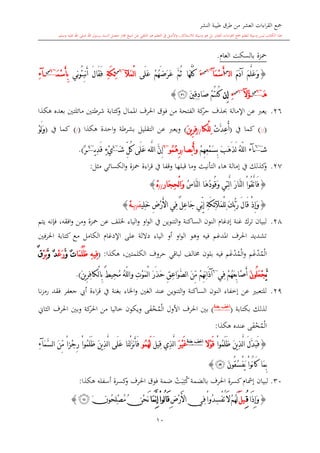 ‫النشر‬ ‫طيبة‬ ‫طرق‬ ‫من‬ ‫العشر‬ ‫اءات‬‫ر‬‫الق‬ ‫مجع‬
‫برسول‬ ‫السند‬ ‫متصل‬ ‫جماز‬ ‫شيخ‬ ‫عن‬ ‫التلقي‬ ‫هو‬ ‫التعلم‬ ‫يف‬ ‫األصل‬‫و‬ ،‫لالستذكار‬ ‫وسيلة‬ ‫هو‬ ‫بل‬ ‫العشر‬ ‫اءات‬‫ر‬‫الق‬ ‫مجع‬ ‫لتعلم‬ ‫وسيلة‬ ‫ليس‬ ‫الكتاب‬ ‫هذا‬‫وسلم‬ ‫عليه‬ ‫اهلل‬ ‫صلى‬ ‫اهلل‬.
10
‫محزة‬‫العا‬ ‫بالسكت‬.
{َ‫م‬َ‫د‬‫آ‬ َ‫م‬َّ‫ل‬َ‫ع‬َ‫و‬‫ا‬‫ل‬‫س‬
َ‫أ‬َ‫م‬ْ‫س‬‫آ‬~6‫س‬
َ‫ء‬‫َى‬‫ل‬َ‫ع‬ ْ‫م‬ُ‫ه‬َ‫ض‬َ‫ر‬َ‫ع‬ َّ‫م‬ُ‫ث‬ ‫َا‬‫ه‬َّ‫ل‬ُ‫ك‬‫َآل‬‫م‬ْ‫ل‬‫ا‬~6‫س‬
ِ‫ة‬َ‫ك‬ِ‫ئ‬‫ِي‬‫ن‬‫و‬ُ‫ئ‬ِ‫ب‬‫ن‬َ‫أ‬ َ‫ل‬‫َا‬‫ق‬َ‫ف‬َ‫م‬ْ‫س‬َ‫أ‬ِ‫ب‬~6‫س‬
‫آ‬ِ‫ء‬
َ‫ه‬~6‫س‬
‫ُآل‬‫ؤ‬~6‫س‬
ِ‫ء‬‫ِن‬‫إ‬َ‫ني‬ِ‫ق‬ِ‫د‬‫َا‬‫ص‬ ْ‫م‬ُ‫ت‬‫ُن‬‫ك‬‫ﭿ‬}
26.‫ا‬ ‫احلرف‬ ‫فوق‬ ‫من‬ ‫الفتحة‬ ‫كة‬‫حر‬ ‫حبذف‬ ‫اإلمالة‬ ‫عن‬ ‫يعرب‬‫هكذا‬ ‫بعد‬ ‫مائلتني‬ ‫شرطتني‬ ‫كتابة‬‫و‬ ‫ملمال‬
(//)‫يف‬ ‫كما‬(ْ‫ت‬َّ‫د‬ِ‫ع‬ُ‫أ‬‫ْكا‬‫ل‬ِ‫ل‬//َ‫ن‬‫ي‬ِ‫ر‬ِ‫ف‬)‫هكذا‬ ‫احدة‬‫و‬ ‫بشرطة‬ ‫التقليل‬ ‫عن‬ ‫ويعرب‬(/)‫يف‬ ‫كما‬(ْ‫و‬َ‫ل‬َ‫و‬
‫ش‬َ~6
‫آ‬‫ء‬َ‫ه‬َ‫ذ‬َ‫ل‬ ُ‫ه‬ّ‫ل‬‫ل‬‫ا‬ْ‫م‬ِ‫ه‬ِ‫ع‬ْ‫م‬َ‫س‬ِ‫ب‬ َ‫ب‬‫و‬‫ْصا‬‫ب‬َ‫أ‬/ِ‫ر‬ُ‫م‬ُ‫ه‬‫و‬~6
َ‫ش‬ ِّ‫ل‬ُ‫ك‬ ‫َى‬‫ل‬َ‫ع‬ ‫َّه‬‫ل‬‫ل‬‫ا‬ َّ‫ن‬ِ‫إ‬~4
‫ي‬ِ‫د‬َ‫ق‬ ٍ‫ء‬ْ‫ي‬~4
ٌ‫ر‬.)
27.‫إمالة‬ ‫يف‬ ‫كذلك‬‫و‬‫ها‬‫ء‬‫التأنيث‬‫محزة‬ ‫اءة‬‫ر‬‫ق‬ ‫يف‬ ‫وقفا‬ ‫قبلها‬ ‫وما‬‫الكسائي‬‫و‬‫مال‬:
{ُ‫س‬‫َّا‬‫ن‬‫ل‬‫ا‬ ‫َا‬‫ه‬ُ‫د‬‫ُو‬‫ق‬َ‫و‬ ‫ِي‬‫ت‬َّ‫ل‬‫ا‬ َ‫ر‬‫َّا‬‫ن‬‫ل‬‫ا‬ ْ‫ا‬‫ُو‬‫ق‬َّ‫ت‬‫َا‬‫ف‬‫َار‬‫ج‬ِ‫ح‬ْ‫ل‬‫ا‬َ‫و‬//ْ}
{‫َآل‬‫م‬ْ‫ل‬ِ‫ل‬ َ‫ك‬ُّ‫ب‬َ‫ر‬ َ‫ل‬‫َا‬‫ق‬ ْ‫ذ‬ِ‫إ‬َ‫و‬‫ِي‬‫ل‬َ‫خ‬ ِ‫ض‬ْ‫ر‬َ‫أل‬‫ا‬ ‫ِي‬‫ف‬ ٌ‫ل‬ِ‫ع‬‫َا‬‫ج‬ ‫ِّي‬‫ن‬ِ‫إ‬ ِ‫ة‬َ‫ك‬ِ‫ئ‬‫ف‬//ْ‫ه‬}
28.‫و‬ ‫او‬‫و‬‫ال‬ ‫يف‬ ‫التنوين‬‫و‬ ‫الساكنة‬ ‫النون‬ ‫إدغا‬ ‫غنة‬ ‫ترك‬ ‫لبيان‬‫يتم‬ ‫فدنه‬ ،‫افقه‬‫و‬ ‫ومن‬ ‫محزة‬ ‫عن‬ ‫خللف‬ ‫الياء‬
‫فني‬‫ر‬‫احل‬ ‫كتابة‬ ‫مع‬ ‫الكامل‬ ‫اإلدغا‬ ‫على‬ ‫داللة‬ ‫الياء‬ ‫أو‬ ‫او‬‫و‬‫ال‬ ‫وهو‬ ‫فيه‬ ‫املدغم‬ ‫احلرف‬ ‫تشديد‬
‫فيه‬ ‫م‬‫غ‬‫د‬‫م‬‫ال‬‫و‬ ‫م‬‫غ‬‫د‬‫م‬‫ال‬‫الكلمتني‬ ‫حروف‬ ‫لباقي‬ ‫خمالف‬ ‫بلون‬‫هكذا‬ ،( :ِ‫ه‬‫ِي‬‫ف‬‫َا‬‫م‬ُ‫ل‬ُ‫ظ‬ٌ‫ت‬َّ‫و‬ْ‫ع‬َ‫ر‬ٌ‫د‬َّ‫و‬ْ‫ر‬َ‫ب‬ٌ‫ق‬
َّ‫ي‬َ‫ن‬‫ُو‬‫ل‬َ‫ع‬ْ‫ج‬ْ‫م‬ُ‫ه‬َ‫ع‬ِ‫ب‬‫ْا‬‫ص‬َ‫أ‬‫ِي‬‫ف‬~6
ْ‫م‬ِ‫ه‬ِ‫ن‬‫ا‬َ‫ذ‬‫آ‬َ‫ن‬‫ي‬ِ‫ر‬ِ‫ف‬‫ْكا‬‫ل‬‫ا‬ِ‫ب‬ ٌ‫ط‬‫ِي‬‫ح‬ُ‫م‬ ُ‫ه‬ّ‫ل‬‫ل‬‫ا‬‫و‬ ِ‫ت‬ْ‫و‬َ‫م‬ْ‫ل‬‫ا‬ َ‫ر‬َ‫ذ‬َ‫ح‬ ِ‫ق‬ِ‫ع‬‫َا‬‫و‬َّ‫ص‬‫ل‬‫ا‬ َ‫ن‬ِّ‫م‬.)
29.‫اءة‬‫ر‬‫ق‬ ‫يف‬ ‫بغنة‬ ‫اخلاء‬‫و‬ ‫الغني‬ ‫عند‬ ‫التنوين‬‫و‬ ‫الساكنة‬ ‫النون‬ ‫إخفاء‬ ‫عن‬ ‫للتعب‬‫أيب‬‫جعفر‬‫نا‬‫ز‬‫رم‬ ‫فقد‬
‫بكتابة‬ ‫لذلك‬(‫بغنة‬ ‫اخف‬
)‫بني‬‫احلر‬ ‫وبني‬ ‫كة‬‫احلر‬ ‫من‬ ‫خاليا‬ ‫ويكون‬ ‫ى‬‫ف‬‫خ‬‫م‬‫ال‬ ‫األول‬ ‫احلرف‬‫الااو‬ ‫ف‬
‫هكذا‬ ‫عند‬ ‫ى‬‫ف‬‫خ‬‫م‬‫ال‬:
{ْ‫ا‬‫ُو‬‫م‬َ‫ل‬َ‫ظ‬ َ‫ن‬‫ي‬ِ‫ذ‬َّ‫ل‬‫ا‬ َ‫ل‬َّ‫د‬َ‫ب‬َ‫ف‬‫ْال‬‫و‬َ‫ق‬‫بغنة‬ ‫اخف‬
َ‫ر‬ْ‫ي‬َ‫غ‬َ‫ل‬‫ِي‬‫ق‬ ‫ِي‬‫ذ‬َّ‫ل‬‫ا‬ُ‫م‬ُ‫ه‬َ‫ل‬‫و‬َ‫م‬َّ‫س‬‫ل‬‫ا‬ َ‫ن‬ِّ‫م‬ ً‫ا‬‫ْز‬‫ج‬ِ‫ر‬ ْ‫ا‬‫ُو‬‫م‬َ‫ل‬َ‫ظ‬ َ‫ن‬‫ي‬ِ‫ذ‬َّ‫ل‬‫ا‬ ‫َى‬‫ل‬َ‫ع‬ ‫َا‬‫ن‬ْ‫ل‬َ‫ز‬‫ن‬َ‫أ‬َ‫ف‬‫آ‬ِ‫ء‬
َ‫ن‬‫ُو‬‫ق‬ُ‫س‬ْ‫ف‬َ‫ي‬ ْ‫ا‬‫ُو‬‫ن‬‫ا‬َ‫ك‬ ‫َا‬‫م‬ِ‫ب‬‫ﭹ‬}
30.‫ك‬‫بالضمة‬ ‫احلرف‬ ‫كسرة‬ ‫إمشا‬ ‫لبيان‬ِ‫ت‬‫ب‬‫ت‬‫احلرف‬ ‫فوق‬ ‫ضمة‬‫هكذا‬ ‫أسفله‬ ‫كسرة‬‫و‬:
{‫َا‬‫ه‬ِ‫إ‬َ‫و‬ُِ‫ق‬‫ـ‬َ‫ل‬‫ي‬ْ‫م‬ُ‫ه‬َ‫ل‬‫ِي‬‫ف‬ْ‫ا‬‫ُو‬‫د‬ِ‫س‬ْ‫ف‬ُ‫ت‬َ‫ال‬ِ‫ض‬ْ‫ر‬َ‫أل‬‫ا‬‫َا‬‫م‬َّ‫ن‬ِ‫إ‬ْ‫ا‬‫ُو‬‫ل‬‫ا‬َ‫ق‬ُ‫ن‬ْ‫ح‬َ‫ن‬َ‫ن‬‫ُو‬‫ح‬ِ‫ل‬ْ‫ص‬ُ‫م‬‫ﮜ‬}
 