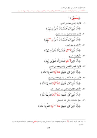 ‫النشر‬ ‫طيبة‬ ‫طرق‬ ‫من‬ ‫العشر‬ ‫اءات‬‫ر‬‫الق‬ ‫مجع‬
‫برسول‬ ‫السند‬ ‫متصل‬ ‫جماز‬ ‫شيخ‬ ‫عن‬ ‫التلقي‬ ‫هو‬ ‫التعلم‬ ‫يف‬ ‫األصل‬‫و‬ ،‫لالستذكار‬ ‫وسيلة‬ ‫هو‬ ‫بل‬ ‫العشر‬ ‫اءات‬‫ر‬‫الق‬ ‫مجع‬ ‫لتعلم‬ ‫وسيلة‬ ‫ليس‬ ‫الكتاب‬ ‫هذا‬‫وسلم‬ ‫عليه‬ ‫اهلل‬ ‫صلى‬ ‫اهلل‬.
113
{ِ‫ي‬ْ‫ح‬َ‫ت‬ْ‫س‬َ‫ي‬َّ‫ي‬ْ‫ن‬}49
9.‫ج‬‫اندر‬ ‫من‬ ‫معه‬ ‫ج‬‫اندر‬‫و‬ ‫قالون‬.
{‫َّا‬‫م‬َ‫أ‬َ‫ف‬ْ‫ا‬‫ُو‬‫ن‬َ‫م‬‫آ‬ َ‫ن‬‫ي‬ِ‫ذ‬َّ‫ل‬‫ا‬َ‫ي‬َ‫ف‬‫ِن‬‫م‬ ُّ‫ق‬َ‫ح‬ْ‫ل‬‫ا‬ ُ‫ه‬َّ‫ن‬َ‫أ‬ َ‫ن‬‫ُو‬‫م‬َ‫ل‬ْ‫ع‬ْ‫م‬ِ‫ه‬ِّ‫ب‬َّ‫ر‬}
10.‫قالون‬‫بالغنة‬‫ج‬‫اندر‬ ‫من‬ ‫معه‬ ‫ج‬‫اندر‬‫و‬.
{‫َّا‬‫م‬َ‫أ‬َ‫ف‬ْ‫ا‬‫ُو‬‫ن‬َ‫م‬‫آ‬ َ‫ن‬‫ي‬ِ‫ذ‬َّ‫ل‬‫ا‬ِ‫م‬ ُّ‫ق‬َ‫ح‬ْ‫ل‬‫ا‬ ُ‫ه‬َّ‫ن‬َ‫أ‬ َ‫ن‬‫ُو‬‫م‬َ‫ل‬ْ‫ع‬َ‫ي‬َ‫ف‬‫ن‬‫غنة‬
َ‫ر‬ْ‫م‬ِ‫ه‬ِّ‫ب‬}
11.‫األزرق‬‫بتوسش‬‫البدل‬.
{َ‫ن‬‫ي‬ِ‫ذ‬َّ‫ل‬‫ا‬ ‫َّا‬‫م‬َ‫أ‬َ‫ف‬‫آ‬~4
‫ُوا‬‫ن‬َ‫م‬ِ‫ه‬ِّ‫ب‬َّ‫ر‬ ‫ِن‬‫م‬ ُّ‫ق‬َ‫ح‬ْ‫ل‬‫ا‬ ُ‫ه‬َّ‫ن‬َ‫أ‬ َ‫ن‬‫ُو‬‫م‬َ‫ل‬ْ‫ع‬َ‫ي‬َ‫ف‬ْ‫م‬}
12.‫األزرق‬‫مبد‬‫البدل‬.
{َ‫ن‬‫ي‬ِ‫ذ‬َّ‫ل‬‫ا‬ ‫َّا‬‫م‬َ‫أ‬َ‫ف‬‫آ‬~6
‫ُوا‬‫ن‬َ‫م‬ْ‫م‬ِ‫ه‬ِّ‫ب‬َّ‫ر‬ ‫ِن‬‫م‬ ُّ‫ق‬َ‫ح‬ْ‫ل‬‫ا‬ ُ‫ه‬َّ‫ن‬َ‫أ‬ َ‫ن‬‫ُو‬‫م‬َ‫ل‬ْ‫ع‬َ‫ي‬َ‫ف‬}
13.‫قالون‬‫املنفصل‬ ‫بقصر‬‫ج‬‫اندر‬ ‫من‬ ‫معه‬ ‫ج‬‫اندر‬‫و‬.
{َ‫ن‬‫ي‬ِ‫ذ‬َّ‫ل‬‫ا‬ ‫َّا‬‫م‬َ‫أ‬َ‫و‬َ‫ن‬‫ُو‬‫ل‬‫و‬ُ‫ق‬َ‫ي‬َ‫ف‬ ْ‫ا‬‫ُو‬‫ر‬َ‫ف‬َ‫ك‬َ‫د‬‫َا‬‫ر‬َ‫أ‬ ‫َا‬‫ذ‬‫َا‬‫م‬ُ‫هلل‬‫ا‬ً‫ال‬َ‫ث‬َ‫م‬ ‫َا‬‫ذ‬َ‫ه‬ِ‫ب‬}
14.‫ا‬‫و‬ ‫املنفصل‬ ‫بتوسش‬ ‫قالون‬‫ج‬‫اندر‬ ‫من‬ ‫معه‬ ‫ج‬‫ندر‬.
{َ‫ن‬‫ي‬ِ‫ذ‬َّ‫ل‬‫ا‬ ‫َّا‬‫م‬َ‫أ‬َ‫و‬َ‫ن‬‫ُو‬‫ل‬‫و‬ُ‫ق‬َ‫ي‬َ‫ف‬ ْ‫ا‬‫ُو‬‫ر‬َ‫ف‬َ‫ك‬‫َا‬‫ذ‬‫َا‬‫م‬~4
َ‫د‬‫َا‬‫ر‬َ‫أ‬ُ‫هلل‬‫ا‬ً‫ال‬َ‫ث‬َ‫م‬ ‫َا‬‫ذ‬َ‫ه‬ِ‫ب‬}
15.‫النقاش‬ ‫معه‬ ‫ج‬‫اندر‬‫و‬ ‫باإلشباع‬ ‫األزرق‬‫ومحزة‬.
{َ‫ن‬‫ي‬ِ‫ذ‬َّ‫ل‬‫ا‬ ‫َّا‬‫م‬َ‫أ‬َ‫و‬َ‫ن‬‫ُو‬‫ل‬‫و‬ُ‫ق‬َ‫ي‬َ‫ف‬ ْ‫ا‬‫ُو‬‫ر‬َ‫ف‬َ‫ك‬‫َا‬‫ذ‬‫َا‬‫م‬~6
َ‫د‬‫َا‬‫ر‬َ‫أ‬ُ‫هلل‬‫ا‬ً‫ال‬َ‫ث‬َ‫م‬ ‫َا‬‫ذ‬َ‫ه‬ِ‫ب‬}
16.‫محزة‬‫امل‬ ‫املد‬ ‫على‬ ‫بالسكت‬‫نفصل‬.
{َ‫ن‬‫ي‬ِ‫ذ‬َّ‫ل‬‫ا‬ ‫َّا‬‫م‬َ‫أ‬َ‫و‬َ‫ن‬‫ُو‬‫ل‬‫و‬ُ‫ق‬َ‫ي‬َ‫ف‬ ْ‫ا‬‫ُو‬‫ر‬َ‫ف‬َ‫ك‬‫َا‬‫ذ‬‫َا‬‫م‬~6‫س‬
َ‫د‬‫َا‬‫ر‬َ‫أ‬ُ‫هلل‬‫ا‬ً‫ال‬َ‫ث‬َ‫م‬ ‫َا‬‫ذ‬َ‫ه‬ِ‫ب‬}
1
49‫إبدال‬‫بكلمة‬ ‫املتوسش‬ ‫اهلمز‬:(ْ‫ن‬َ‫أ‬)‫كلمة‬‫يف‬ ‫قبلها‬ ‫ال‬ ‫الساكنة‬ ‫الاانية‬ ‫الياء‬ ‫وإدغا‬ ‫مفتوحة‬ ‫ي‬‫ياء‬(‫ي‬ِ‫ي‬ْ‫ح‬َ‫ت‬ْ‫س‬َ‫ي‬)‫فيه‬‫مفتوحة‬ ‫مشددة‬ ‫ياء‬ ‫فتص‬ ‫ا‬‫الياء‬ ‫بعد‬
‫املكسورة‬.
 