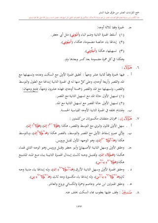‫النشر‬ ‫طيبة‬ ‫طرق‬ ‫من‬ ‫العشر‬ ‫اءات‬‫ر‬‫الق‬ ‫مجع‬
‫برسول‬ ‫السند‬ ‫متصل‬ ‫جماز‬ ‫شيخ‬ ‫عن‬ ‫التلقي‬ ‫هو‬ ‫التعلم‬ ‫يف‬ ‫األصل‬‫و‬ ،‫لالستذكار‬ ‫وسيلة‬ ‫هو‬ ‫بل‬ ‫العشر‬ ‫اءات‬‫ر‬‫الق‬ ‫مجع‬ ‫لتعلم‬ ‫وسيلة‬ ‫ليس‬ ‫الكتاب‬ ‫هذا‬‫وسلم‬ ‫عليه‬ ‫اهلل‬ ‫صلى‬ ‫اهلل‬.
133
‫ى‬‫ج‬.‫أوجه‬ ‫الة‬‫ال‬‫ال‬ ‫وقفا‬ ‫حلمزة‬:
(1)‫أسقش‬‫اهلمزة‬‫الاانية‬‫الباء‬ ‫وضم‬(‫َن‬‫أ‬ُ‫ب‬‫ي‬ِ‫ون‬)‫جعفر‬ ‫أيب‬ ‫مال‬.
(2)‫إبداهل‬‫ا‬‫مضمومة‬ ‫خالصة‬ ‫ياء‬،،‫هكذا‬(‫َن‬‫أ‬ُ‫ي‬ِ‫ب‬‫ي‬ِ‫ون‬.)
(3)‫تسهيل‬‫ها‬‫هكذا‬ ،(‫َن‬‫أ‬‫م‬ِ‫ب‬‫ا‬ُ‫و‬‫ي‬ِ‫ن‬.)
‫ب‬ ‫مضمومة‬ ‫مهزة‬ ‫كل‬‫يف‬ ‫وهكذا‬‫او‬‫و‬ ‫وبعدها‬ ‫كسر‬‫عد‬.
6.‫ﭻ‬:
‫أ‬.ً‫ا‬‫وجه‬ ‫عشر‬ ‫مثانية‬ ً‫ا‬‫وقف‬ ‫حلمزة‬ ‫فيها‬:‫األوىل‬ ‫اهلمزة‬ ‫حتقيق‬‫وعدمه‬ ‫السكت‬ ‫مع‬‫مع‬ ‫وتسهيلها‬
‫القصر‬‫و‬ ‫املد‬(‫أوجه‬ ‫بعة‬‫ر‬‫أ‬)ٍّ‫كل‬‫وعلى‬ ،‫منها‬‫ىه‬‫ل‬‫يف‬‫ىش‬‫س‬‫التو‬‫و‬ ‫ىول‬‫ط‬‫ال‬ ‫ىع‬‫م‬ ‫ىداهلا‬‫ب‬‫إ‬ ‫ىة‬‫ي‬‫الاان‬ ‫ىزة‬‫م‬‫اهل‬
‫القصر‬‫و‬ ‫املد‬ ‫مع‬ ‫وتسهيلها‬ ،‫القصر‬‫و‬(‫أوجه‬ ‫مخسة‬)،‫فهذ‬‫عشرون‬،ً‫ا‬‫وجه‬‫وجهان‬ ‫كتنع‬:
(1)‫القصر‬ ‫مع‬ ‫الاانية‬ ‫تسهيل‬ ‫مع‬ ‫املد‬ ‫حالة‬ ‫األول‬ ‫تسهيل‬.
(2)‫املد‬ ‫مع‬ ‫الاانية‬ ‫تسهيل‬ ‫مع‬ ‫القصر‬ ‫حالة‬ ‫األوىل‬ ‫تسهيل‬.
‫ب‬.‫الاانية‬ ‫اهلمزة‬ ‫يف‬ ‫لفه‬ ‫وهلشا‬‫اخلمسة‬ ‫القياسية‬ ‫األوجه‬.
7.‫ﭼ‬‫ﭻ‬:‫كلمتني‬‫من‬ ‫تان‬‫ر‬‫مكسو‬ ‫متفقتان‬ ‫تان‬‫ز‬‫مه‬:
‫أ‬.‫ال‬‫و‬ ‫قالون‬ ‫األوىل‬ ‫سهل‬‫القصر‬‫و‬ ‫التوسش‬ ‫مع‬ ‫بزي‬‫هكذا‬ ،(‫ال‬ُ‫ؤ‬َ‫ه‬~0ِ‫ا‬‫ن‬ِ‫إ‬( )‫ال‬ُ‫ؤ‬َ‫ه‬0ِ‫ا‬‫ن‬ِ‫إ‬.)
‫ب‬.‫ىش‬‫س‬‫التو‬‫و‬ ‫ىر‬‫ص‬‫الق‬ ‫مع‬ ‫األوىل‬ ‫إسقاط‬ ‫عمرو‬ ‫وأليب‬،‫ىذا‬‫ك‬‫ه‬ ‫ىر‬‫ص‬‫بالق‬(‫م‬َ‫ه‬‫م‬0
‫م‬‫م‬‫ال‬ُ‫ؤ‬0
‫ن‬ِ‫إ‬)‫ىش‬‫س‬‫وبالتو‬ ،
‫هكذا‬(‫ه‬َ‫م‬~0
‫م‬‫ال‬ُ‫ؤ‬~0
‫ن‬ِ‫إ‬)،‫ورويس‬ ‫لقنبل‬ ‫األول‬ ‫الوجهه‬ ‫وهو‬.
‫ى‬‫ج‬.‫ي‬‫ىبهاو‬‫ى‬‫ص‬‫األ‬ ‫ىة‬‫ى‬‫ي‬‫الاان‬ ‫ىهل‬‫ى‬‫س‬‫و‬ ‫األوىل‬ ‫ىق‬‫ق‬‫وح‬‫ىر‬‫ى‬‫ف‬‫جع‬ ‫ىو‬‫ى‬‫ب‬‫أ‬‫و‬‫ىل‬‫ب‬‫وقن‬‫ىاو‬‫ى‬‫ا‬‫ال‬ ‫ىه‬‫ى‬‫ج‬‫الو‬ ‫ىو‬‫ى‬‫ه‬‫و‬ ‫ىس‬‫ى‬‫ي‬‫ورو‬،‫ىا‬‫ى‬‫م‬‫هل‬
‫ىذا‬‫ى‬‫ى‬‫ى‬‫ى‬‫ك‬‫ه‬(ِ‫الء‬ُ‫مؤ‬‫م‬‫م‬‫م‬‫م‬َ‫ه‬ِ‫ا‬‫ن‬)،‫ىبع‬‫ى‬‫ى‬‫ى‬‫ى‬‫ش‬‫امل‬ ‫ىد‬‫ى‬‫ى‬‫ى‬‫ى‬‫مل‬‫ا‬ ‫ىع‬‫ى‬‫ى‬‫ى‬‫ى‬‫م‬ ‫ىاء‬‫ى‬‫ى‬‫ى‬‫ى‬‫ي‬ ‫ىة‬‫ى‬‫ى‬‫ى‬‫ى‬‫ي‬‫الاان‬ ‫ىزة‬‫ى‬‫ى‬‫ى‬‫ى‬‫م‬‫اهل‬ ‫ىدال‬‫ى‬‫ى‬‫ى‬‫ى‬‫ب‬‫إ‬ ‫ىث‬‫ى‬‫ى‬‫ى‬‫ى‬‫ل‬‫الا‬ ‫ىه‬‫ى‬‫ى‬‫ى‬‫ى‬‫ج‬‫و‬ ‫ىل‬‫ى‬‫ى‬‫ى‬‫ى‬‫ب‬‫لقن‬‫و‬
‫هكذا‬(َ‫ه‬‫م‬‫ال‬ُ‫ؤ‬~0ِ‫ء‬‫م‬‫ي‬~6
‫م‬‫ن‬).
‫د‬.‫األزرق‬ ‫ىة‬‫ى‬‫ي‬‫الاان‬ ‫ىهل‬‫ى‬‫س‬‫و‬ ‫األوىل‬ ‫ىزة‬‫ى‬‫م‬‫اهل‬ ‫ىق‬‫ى‬‫ق‬‫وح‬(‫م‬‫م‬َ‫ه‬‫م‬~6
‫م‬‫م‬‫م‬‫م‬‫ال‬ُ‫ؤ‬~6ِ‫ء‬ِ‫ا‬‫ن‬)‫ىه‬‫ى‬‫ج‬‫و‬ ‫ىة‬‫ى‬‫ي‬‫مد‬ ‫ىاء‬‫ى‬‫ي‬ ‫ىداهلا‬‫ى‬‫ب‬‫إ‬ ‫ىه‬‫ى‬‫ل‬‫و‬ ،
ٍ‫الان‬(‫ه‬َ‫م‬~6
‫م‬‫ال‬ُ‫ؤ‬~6ِ‫ء‬‫م‬‫ي‬~6
‫م‬‫ن‬)‫له‬‫و‬ ،‫الالث‬ ‫وجه‬ ‫مكسورة‬ ‫ياء‬ ‫إبداهلا‬(‫ه‬َ‫م‬~6
‫م‬‫ال‬ُ‫ؤ‬~6ِ‫ء‬ِ‫ي‬‫ن‬.)
‫ى‬‫ه‬.‫العاشر‬‫و‬ ‫وروا‬ ‫الكسائي‬‫و‬ ‫ومحزة‬ ‫وعاصم‬ ‫عامر‬ ‫ابن‬ ‫تني‬‫ز‬‫اهلم‬ ‫وحقق‬.
8.‫ﭾ‬:‫عليه‬ ‫وقف‬‫ا‬‫يعقوب‬‫ا‬‫عنه‬ ‫لف‬ ‫السكت‬ ‫اء‬.
1
 