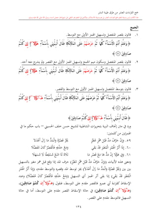 ‫النشر‬ ‫طيبة‬ ‫طرق‬ ‫من‬ ‫العشر‬ ‫اءات‬‫ر‬‫الق‬ ‫مجع‬
‫برسول‬ ‫السند‬ ‫متصل‬ ‫جماز‬ ‫شيخ‬ ‫عن‬ ‫التلقي‬ ‫هو‬ ‫التعلم‬ ‫يف‬ ‫األصل‬‫و‬ ،‫لالستذكار‬ ‫وسيلة‬ ‫هو‬ ‫بل‬ ‫العشر‬ ‫اءات‬‫ر‬‫الق‬ ‫مجع‬ ‫لتعلم‬ ‫وسيلة‬ ‫ليس‬ ‫الكتاب‬ ‫هذا‬‫وسلم‬ ‫عليه‬ ‫اهلل‬ ‫صلى‬ ‫اهلل‬.
134
‫الجمع‬
1.‫التوسش‬ ‫مع‬ ‫األوىل‬ ‫اهلمز‬ ‫وتسهيل‬ ‫املنفصل‬ ‫بقصر‬ ‫قالون‬.
{َ‫م‬ْ‫س‬َ‫أل‬‫ا‬ َ‫م‬َ‫د‬‫آ‬ َ‫م‬َّ‫ل‬َ‫ع‬َ‫و‬‫آ‬َ‫ء‬‫َا‬‫ه‬َّ‫ل‬ُ‫ك‬َّ‫م‬ُ‫ث‬ْ‫م‬ُ‫ه‬َ‫ض‬َ‫ر‬َ‫ع‬ْ‫ل‬‫ا‬ ‫َى‬‫ل‬َ‫ع‬‫َآل‬‫م‬َ‫م‬ْ‫س‬َ‫أ‬ِ‫ب‬ ‫ِي‬‫ن‬‫و‬ُ‫ئ‬ِ‫ب‬‫ن‬َ‫أ‬ َ‫ل‬‫َا‬‫ق‬َ‫ف‬ ِ‫ة‬َ‫ك‬ِ‫ئ‬‫آ‬ِ‫ء‬‫ُال‬‫ؤ‬َ‫ه‬~4
ِ‫ا‬‫ِن‬‫إ‬ْ‫م‬ُ‫ت‬‫ُن‬‫ك‬
َ‫ني‬ِ‫ق‬ِ‫د‬‫َا‬‫ص‬‫ﭿ‬}
2.‫املنفصل‬ ‫بقصر‬ ‫قالون‬‫اجلمع‬ ‫ميم‬ ‫وسكون‬‫مع‬ ‫األوىل‬ ‫اهلمز‬ ‫وتسهيل‬‫أحد‬ ‫معه‬ ‫ج‬‫يندر‬ ‫مل‬‫و‬ ‫القصر‬.
{َ‫م‬َ‫د‬‫آ‬ َ‫م‬َّ‫ل‬َ‫ع‬َ‫و‬َ‫م‬ْ‫س‬َ‫أل‬‫ا‬‫آ‬َ‫ء‬َّ‫م‬ُ‫ث‬ ‫َا‬‫ه‬َّ‫ل‬ُ‫ك‬ْ‫م‬ُ‫ه‬َ‫ض‬َ‫ر‬َ‫ع‬َ‫ع‬‫َى‬‫ل‬ْ‫ل‬‫ا‬‫َآل‬‫م‬ِ‫ة‬َ‫ك‬ِ‫ئ‬‫ِي‬‫ن‬‫و‬ُ‫ئ‬ِ‫ب‬‫ن‬َ‫أ‬ َ‫ل‬‫َا‬‫ق‬َ‫ف‬َ‫م‬ْ‫س‬َ‫أ‬ِ‫ب‬‫آ‬ِ‫ء‬‫ُال‬‫ؤ‬َ‫ه‬2
ِ‫ا‬‫ِن‬‫إ‬ْ‫م‬ُ‫ت‬‫ُن‬‫ك‬
َ‫ني‬ِ‫ق‬ِ‫د‬‫َا‬‫ص‬‫ﭿ‬}
3.‫قالون‬‫بتوسش‬‫التوسش‬ ‫مع‬ ‫األوىل‬ ‫اهلمز‬ ‫وتسهيل‬ ‫املنفصل‬‫القصر‬‫و‬.
{َ‫م‬َ‫د‬‫آ‬ َ‫م‬َّ‫ل‬َ‫ع‬َ‫و‬َ‫م‬ْ‫س‬َ‫أل‬‫ا‬‫آ‬َ‫ء‬َّ‫م‬ُ‫ث‬ ‫َا‬‫ه‬َّ‫ل‬ُ‫ك‬ْ‫م‬ُ‫ه‬َ‫ض‬َ‫ر‬َ‫ع‬‫َى‬‫ل‬َ‫ع‬ْ‫ل‬‫ا‬‫َآل‬‫م‬ِ‫ة‬َ‫ك‬ِ‫ئ‬‫ِي‬‫ن‬‫و‬ُ‫ئ‬ِ‫ب‬‫ن‬َ‫أ‬ َ‫ل‬‫َا‬‫ق‬َ‫ف‬َ‫م‬ْ‫س‬َ‫أ‬ِ‫ب‬‫آ‬ِ‫ء‬َ‫ه‬~4
‫ُال‬‫ؤ‬~4
ِ‫ا‬‫ِن‬‫إ‬ْ‫م‬ُ‫ت‬‫ُن‬‫ك‬
َ‫ني‬ِ‫ق‬ِ‫د‬‫َا‬‫ص‬‫ﭿ‬}
{‫ِي‬‫ن‬‫و‬ُ‫ئ‬ِ‫ب‬‫ن‬َ‫أ‬ َ‫ل‬‫َا‬‫ق‬َ‫ف‬َ‫م‬ْ‫س‬َ‫أ‬ِ‫ب‬‫آ‬ِ‫ء‬َ‫ه‬~4
‫ُال‬‫ؤ‬2
ِ‫ا‬‫ِن‬‫إ‬َ‫ني‬ِ‫ق‬ِ‫د‬‫َا‬‫ص‬ ْ‫م‬ُ‫ت‬‫ُن‬‫ك‬}
‫منت‬ ‫يف‬ ‫ورد‬‫احلسيين‬ ‫خلف‬ ‫حسن‬ ‫للشيخ‬ ‫الشاطبية‬ ‫ات‬‫ر‬‫ي‬‫ر‬‫بتح‬ ‫الربية‬ ‫إحتاف‬–‫يف‬ ‫ما‬ ‫حكم‬ ‫باب‬
‫كلمتني‬‫من‬ ‫تني‬‫ز‬‫اهلم‬:
59.‫مه‬ ‫ل‬‫ب‬‫ى‬‫ق‬ ‫د‬‫م‬ ‫ف‬‫ر‬‫ح‬ ‫ن‬ِ‫إ‬‫و‬ٍَّ‫غ‬‫م‬ ٍ‫ز‬‫ال‬‫د‬‫ع‬‫أ‬ ‫ال‬‫ز‬ ‫ا‬‫م‬ ُّ‫د‬‫م‬‫ال‬‫و‬ ‫ر‬‫ص‬‫ق‬ ‫ز‬‫جي‬
60.ِ‫إ‬‫ذ‬‫أ‬ ‫ا‬‫ى‬‫ال‬‫ر‬‫اهل‬‫م‬ِ‫ز‬‫ال‬‫م‬‫غ‬ِ‫ق‬‫د‬‫ى‬‫ب‬‫ق‬‫ي‬‫و‬‫م‬‫ع‬‫ح‬‫ذ‬ِ‫ف‬ِ‫ه‬‫ف‬‫ال‬‫ق‬‫ص‬‫ر‬‫ك‬‫ان‬‫م‬‫ف‬َّ‫ض‬‫ال‬
61.‫و‬ِ‫يف‬‫ه‬‫ؤ‬‫ال‬ِ‫إ‬‫ن‬‫م‬ُّ‫د‬‫ه‬‫م‬ ‫ا‬‫ع‬‫ق‬‫ص‬ِ‫ر‬‫م‬‫ا‬‫ت‬‫ال‬‫ل‬‫ه‬‫ام‬‫ن‬‫ع‬‫م‬‫س‬ِ‫ق‬ً‫ط‬‫ال‬ ‫ا‬‫م‬‫س‬‫ه‬‫ال‬
‫ومعىن‬‫األبيات‬ ‫هذ‬(ٍَّ‫غ‬‫م‬ ٍ‫ز‬‫مه‬ ‫ل‬‫ب‬‫ى‬‫ق‬ ‫د‬‫م‬ ‫ف‬‫ر‬‫ح‬ ‫ن‬ِ‫إ‬‫و‬)‫بالتسهيل‬ ‫مغ‬ ‫مهز‬ ‫قبل‬ ‫وقع‬ ‫إذا‬ ‫املد‬ ‫حرف‬
‫بني‬ ‫بني‬(‫ال‬‫د‬‫ع‬‫أ‬ ‫ال‬‫ز‬ ‫ا‬‫م‬ ُّ‫د‬‫م‬‫ال‬‫و‬ ‫ر‬‫ص‬‫ق‬ ‫ز‬‫جي‬)، ‫مقد‬ ‫التوسش‬‫و‬ ‫وقصر‬ ‫املد‬ ‫توسش‬ ‫جيز‬(ِ‫إ‬‫ذ‬‫أ‬ ‫ا‬‫ى‬‫ال‬‫ر‬‫اهل‬‫م‬ِ‫ز‬
‫ال‬‫م‬‫غ‬ِ‫ق‬‫د‬‫ى‬‫ب‬‫ق‬‫ي‬)‫أ‬ ‫اهلمز‬ ‫الر‬‫أ‬ ‫بقى‬ ‫إذا‬‫التسهيل‬ ‫ي‬(‫و‬‫م‬‫ع‬‫ح‬‫ذ‬ِ‫ف‬ِ‫ه‬‫ف‬‫ال‬‫ق‬‫ص‬‫ر‬‫ك‬‫ان‬‫م‬‫ف‬َّ‫ض‬‫ال‬)‫وعند‬
‫التوسش‬ ‫على‬ ‫مقد‬ ‫فالقصر‬ ‫عمرو‬ ‫أيب‬ ‫اءة‬‫ر‬‫كق‬ ‫اإلسقاط‬‫فنقول‬ ،(َ‫ه‬‫م‬0
‫م‬‫ال‬ُ‫ؤ‬0
‫ن‬ِ‫إ‬َ‫ين‬ِ‫ق‬ِ‫اد‬َ‫ص‬ ْ‫م‬ُ‫نت‬ُ‫ك‬)،
(‫ه‬َ‫م‬0
‫م‬‫ال‬ُ‫ؤ‬~0
‫ن‬ِ‫إ‬َ‫ين‬ِ‫ق‬ِ‫اد‬َ‫ص‬ ْ‫م‬ُ‫نت‬ُ‫ك‬)‫حالة‬ ‫يف‬ ‫أما‬ ،‫التوسش‬ ‫على‬ ‫مقد‬ ‫القصر‬ ‫اإلسقاط‬ ‫حالة‬ ‫يف‬
‫م‬ ‫فالتوسش‬ ‫التسهيل‬‫القصر‬ ‫على‬ ‫قد‬.
 