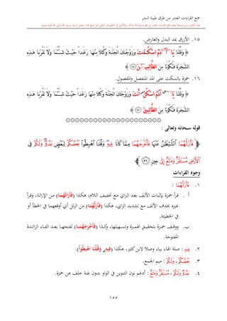 ‫النشر‬ ‫طيبة‬ ‫طرق‬ ‫من‬ ‫العشر‬ ‫اءات‬‫ر‬‫الق‬ ‫مجع‬
‫برسول‬ ‫السند‬ ‫متصل‬ ‫جماز‬ ‫شيخ‬ ‫عن‬ ‫التلقي‬ ‫هو‬ ‫التعلم‬ ‫يف‬ ‫األصل‬‫و‬ ،‫لالستذكار‬ ‫وسيلة‬ ‫هو‬ ‫بل‬ ‫العشر‬ ‫اءات‬‫ر‬‫الق‬ ‫مجع‬ ‫لتعلم‬ ‫وسيلة‬ ‫ليس‬ ‫الكتاب‬ ‫هذا‬‫وسلم‬ ‫عليه‬ ‫اهلل‬ ‫صلى‬ ‫اهلل‬.
155
15.،‫العار‬‫و‬ ‫البدل‬ ‫مبد‬ ‫األزرق‬.
{ْ‫ل‬ُ‫ق‬َ‫و‬‫َا‬‫ن‬‫ا‬َ‫ي‬~6
‫آ‬~6
ُ‫م‬َ‫د‬ُ‫ك‬ْ‫س‬‫ا‬َ‫ن‬َ‫ت‬‫ن‬ً‫ا‬‫د‬َ‫غ‬َ‫ر‬ ‫ا‬َ‫ه‬ْ‫ن‬ِ‫م‬ َ‫ال‬ُ‫ك‬َ‫و‬ َ‫ة‬َّ‫ن‬َ‫ج‬ْ‫ل‬‫ا‬ َ‫ك‬ُ‫ج‬ْ‫و‬َ‫ز‬َ‫و‬‫َا‬‫م‬ُ‫ت‬ْ‫ئ‬ِ‫ش‬ ُ‫ث‬ْ‫ي‬َ‫ح‬ِ ِ‫ذ‬َ‫ه‬ ‫ا‬َ‫ب‬َ‫ر‬ْ‫ق‬َ‫ت‬ َ‫ال‬َ‫و‬
َ‫ن‬ِ‫م‬ ‫َا‬‫ن‬‫و‬ُ‫ك‬َ‫ت‬َ‫ف‬ َ‫ة‬َ‫ر‬َ‫ج‬َّ‫ش‬‫ل‬‫ا‬‫ِي‬‫م‬ِ‫ل‬‫ا‬َّ‫ظ‬‫ل‬‫ا‬~6
َ‫ن‬‫ﯧ‬}
16.‫على‬ ‫بالسكت‬ ‫محزة‬‫املفصول‬‫و‬ ‫املنفصل‬ ‫املد‬.
{َ‫ن‬ْ‫ل‬ُ‫ق‬َ‫و‬‫ا‬‫َا‬‫ي‬~6‫س‬
ُ‫م‬َ‫د‬‫آ‬ْ‫ن‬ُ‫ك‬ْ‫س‬‫ا‬‫س‬
َ‫ت‬‫ن‬َ‫أ‬ُ‫ج‬ْ‫و‬َ‫ز‬َ‫و‬ً‫ا‬‫َد‬‫غ‬َ‫ر‬ ‫َا‬‫ه‬ْ‫ن‬ِ‫م‬ َ‫ال‬ُ‫ك‬َ‫و‬ َ‫ة‬َّ‫ن‬َ‫ج‬ْ‫ل‬‫ا‬ َ‫ك‬‫َا‬‫م‬ُ‫ت‬ْ‫ئ‬ِ‫ش‬ ُ‫ث‬ْ‫ي‬َ‫ح‬ِ ِ‫ذ‬َ‫ه‬ ‫ا‬َ‫ب‬َ‫ر‬ْ‫ق‬َ‫ت‬ َ‫ال‬َ‫و‬
َ‫ن‬ِ‫م‬ ‫َا‬‫ن‬‫و‬ُ‫ك‬َ‫ت‬َ‫ف‬ َ‫ة‬َ‫ر‬َ‫ج‬َّ‫ش‬‫ل‬‫ا‬‫ل‬‫ا‬َ‫ني‬ِ‫م‬ِ‫ل‬‫ا‬َّ‫ظ‬‫ﯧ‬}
۞۞۞۞۞۞۞۞۞۞۞۞۞۞۞۞۞۞۞۞۞
‫وتعالى‬ ‫سبحانه‬ ‫قوله‬:
‫ﭽ‬‫ﯨ‬‫ﯪ‬‫ﯩ‬‫ﯫ‬‫ﯭ‬‫ﯬ‬‫ﯮ‬‫ﯯ‬‫ﯱ‬‫ﯰ‬‫ﯲ‬‫ﯳ‬‫ﯴ‬‫ﯵ‬‫ﯶ‬‫ﯷ‬
‫ﯻ‬‫ﯺ‬‫ﯹ‬‫ﯸ‬‫ﯽ‬‫ﯼ‬‫ﭼ‬
‫القراءات‬ ‫وجوه‬
1.‫ﯨ‬:
‫أ‬.‫ب‬ ‫ىزة‬‫ى‬‫مح‬ ‫أ‬‫ر‬‫ى‬‫ى‬‫ق‬‫األ‬ ‫ىات‬‫ى‬‫ب‬‫ال‬‫د‬‫ىذا‬‫ى‬‫ك‬‫ه‬ ، ‫ىال‬‫ى‬‫ل‬‫ا‬ ‫ىف‬‫ى‬‫ي‬‫ختف‬ ‫ىع‬‫ى‬‫م‬ ‫اي‬‫ز‬‫ى‬‫ى‬‫ل‬‫ا‬ ‫ىد‬‫ى‬‫ع‬‫ب‬ ‫ىف‬‫ى‬‫ل‬(َ‫َز‬‫أ‬َ‫ف‬‫ا‬َ‫ل‬‫ما‬‫م‬َ‫م‬ُ‫ه‬)‫أ‬‫ر‬‫ى‬‫ى‬‫ق‬‫و‬ ،‫ىة‬‫ى‬‫ل‬‫ا‬‫ز‬‫اإل‬ ‫ىن‬‫ى‬‫م‬
‫هكذا‬ ،‫اي‬‫ز‬‫ال‬ ‫تشديد‬ ‫مع‬ ‫األلف‬ ‫حبذف‬ ‫غ‬(‫ا‬َ‫م‬ُ‫ه‬َّ‫ل‬َ‫َز‬‫أ‬َ‫ف‬)‫لل‬‫ز‬‫ال‬ ‫من‬‫أو‬ ‫اخلطأ‬ ‫يف‬ ‫أوقعهما‬ ‫أي‬
‫اخلطيئة‬ ‫يف‬.
‫ب‬.‫ىف‬‫ى‬‫ى‬‫ق‬‫وو‬‫ىزة‬‫ى‬‫ى‬‫ى‬‫مح‬‫ب‬‫ىهيلها‬‫ى‬‫ى‬‫ى‬‫س‬‫وت‬ ‫ىزة‬‫ى‬‫ى‬‫ى‬‫م‬‫اهل‬ ‫ىق‬‫ى‬‫ى‬‫ى‬‫ي‬‫تحق‬،‫ىذا‬‫ى‬‫ى‬‫ى‬‫ك‬‫و‬(‫ما‬‫م‬‫م‬‫م‬َ‫م‬ُ‫ه‬َ‫ج‬َ‫ر‬ْ‫خ‬َ‫أ‬َ‫ف‬)‫لف‬‫ىا‬‫ى‬‫ى‬‫ى‬‫ه‬‫تح‬‫ىدة‬‫ى‬‫ى‬‫ى‬‫ئ‬‫ا‬‫ز‬‫ال‬ ‫ىاء‬‫ى‬‫ى‬‫ى‬‫ف‬‫ال‬ ‫ىد‬‫ى‬‫ى‬‫ى‬‫ع‬‫ب‬
‫املفتوحة‬.
2.‫ﯮ‬:‫هكذا‬ ، ‫كا‬‫البن‬ ‫وصال‬ ‫بياء‬ ‫اهلاء‬ ‫صلة‬(ِ‫يه‬ِ‫ف‬ْ‫ا‬‫و‬ُ‫ط‬ِ‫ب‬ْ‫اه‬ ‫ا‬َ‫ْن‬‫ل‬ُ‫م‬‫ق‬َ‫و‬.)
3.‫ﯲ‬،‫ﯶ‬:‫اجلمع‬ ‫ميم‬.
4.‫ﯴ‬‫ﯶ‬،‫ﯺ‬‫ﯹ‬:‫محزة‬ ‫عن‬ ‫خلف‬ ‫غنة‬ ‫بدون‬ ‫او‬‫و‬‫ال‬ ‫يف‬ ‫التنوين‬ ‫نون‬ ‫أدغم‬.
1
 