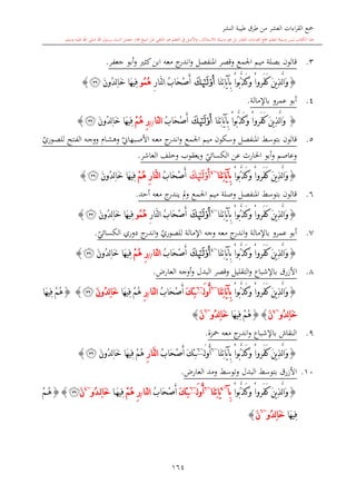 ‫النشر‬ ‫طيبة‬ ‫طرق‬ ‫من‬ ‫العشر‬ ‫اءات‬‫ر‬‫الق‬ ‫مجع‬
‫برسول‬ ‫السند‬ ‫متصل‬ ‫جماز‬ ‫شيخ‬ ‫عن‬ ‫التلقي‬ ‫هو‬ ‫التعلم‬ ‫يف‬ ‫األصل‬‫و‬ ،‫لالستذكار‬ ‫وسيلة‬ ‫هو‬ ‫بل‬ ‫العشر‬ ‫اءات‬‫ر‬‫الق‬ ‫مجع‬ ‫لتعلم‬ ‫وسيلة‬ ‫ليس‬ ‫الكتاب‬ ‫هذا‬‫وسلم‬ ‫عليه‬ ‫اهلل‬ ‫صلى‬ ‫اهلل‬.
164
3.‫اجلمع‬ ‫ميم‬ ‫بصلة‬ ‫قالون‬‫املنفصل‬ ‫وقصر‬‫كا‬‫ابن‬ ‫معه‬ ‫ج‬‫اندر‬‫و‬‫جعفر‬ ‫أبو‬‫و‬.
{‫َا‬‫ن‬ِ‫ت‬‫َا‬‫ي‬‫آ‬ِ‫ب‬ ْ‫ا‬‫ُو‬‫ب‬َّ‫ذ‬َ‫ك‬َ‫و‬ ْ‫ا‬‫َرو‬‫ف‬َ‫ك‬ َ‫ن‬‫ي‬ِ‫ذ‬َّ‫ل‬‫ا‬َ‫و‬‫ﭨ‬ُ‫ب‬‫َا‬‫ح‬ْ‫ص‬َ‫أ‬ِ‫ر‬‫َّا‬‫ن‬‫ل‬‫ا‬ُ‫م‬ُ‫ه‬‫و‬َ‫ن‬‫ُو‬‫د‬ِ‫ل‬‫ا‬َ‫خ‬ ‫َا‬‫ه‬‫ِي‬‫ف‬‫ﭯ‬}
4.‫عمرو‬ ‫أبو‬‫باإل‬‫مالة‬.
{ْ‫ا‬‫ُو‬‫ب‬َّ‫ذ‬َ‫ك‬َ‫و‬ ْ‫ا‬‫َرو‬‫ف‬َ‫ك‬ َ‫ن‬‫ي‬ِ‫ذ‬َّ‫ل‬‫ا‬َ‫و‬‫َا‬‫ن‬ِ‫ت‬‫َا‬‫ي‬‫آ‬ِ‫ب‬‫ﭨ‬ُ‫ب‬‫َا‬‫ح‬ْ‫ص‬َ‫أ‬ّ‫ن‬‫ل‬‫ا‬‫ا‬//ْ‫م‬ُ‫ه‬ ِ‫ر‬َ‫ن‬‫ُو‬‫د‬ِ‫ل‬‫ا‬َ‫خ‬ ‫َا‬‫ه‬‫ِي‬‫ف‬‫ﭯ‬}
5.‫قالون‬‫بتوس‬‫املنفصل‬ ‫ش‬‫وسكون‬‫اجلمع‬ ‫ميم‬‫ي‬‫ىبهاو‬‫ص‬‫األ‬ ‫ىه‬‫ع‬‫م‬ ‫ج‬‫اندر‬‫و‬‫ي‬‫ىوري‬‫ص‬‫لل‬ ‫ىتح‬‫ف‬‫ال‬ ‫ىه‬‫ج‬‫وو‬ ‫ىا‬‫ش‬‫وه‬
‫و‬ ‫وعاصم‬‫عن‬ ‫احلارث‬ ‫أبو‬‫ي‬‫الكسائي‬‫العاشر‬ ‫وخلف‬ ‫ويعقوب‬.
{‫َا‬‫و‬ْ‫ا‬‫ُو‬‫ب‬َّ‫ذ‬َ‫ك‬َ‫و‬ ْ‫ا‬‫َرو‬‫ف‬َ‫ك‬ َ‫ن‬‫ي‬ِ‫ذ‬َّ‫ل‬‫َا‬‫ن‬ِ‫ت‬‫َا‬‫ي‬‫آ‬ِ‫ب‬~4
‫ﭨ‬ُ‫ب‬‫َا‬‫ح‬ْ‫ص‬َ‫أ‬ِ‫ر‬‫َّا‬‫ن‬‫ل‬‫ا‬ْ‫م‬ُ‫ه‬َ‫ن‬‫ُو‬‫د‬ِ‫ل‬‫ا‬َ‫خ‬ ‫َا‬‫ه‬‫ِي‬‫ف‬‫ﭯ‬}
6.‫بتوسش‬ ‫قالون‬‫املنفصل‬‫و‬‫صلة‬‫اجلمع‬ ‫ميم‬‫أحد‬ ‫معه‬ ‫ج‬‫يندر‬ ‫مل‬‫و‬.
{َ‫ن‬‫ي‬ِ‫ذ‬َّ‫ل‬‫ا‬َ‫و‬ْ‫ا‬‫ُو‬‫ب‬َّ‫ذ‬َ‫ك‬َ‫و‬ ْ‫ا‬‫َرو‬‫ف‬َ‫ك‬‫َا‬‫ن‬ِ‫ت‬‫َا‬‫ي‬‫آ‬ِ‫ب‬~4
‫ﭨ‬ُ‫ب‬‫َا‬‫ح‬ْ‫ص‬َ‫أ‬ِ‫ر‬‫َّا‬‫ن‬‫ل‬‫ا‬ُ‫م‬ُ‫ه‬‫و‬َ‫ن‬‫ُو‬‫د‬ِ‫ل‬‫ا‬َ‫خ‬ ‫َا‬‫ه‬‫ِي‬‫ف‬‫ﭯ‬}
7.‫عمر‬ ‫أبو‬‫ج‬‫اندر‬‫و‬ ‫ي‬‫للصوري‬ ‫اإلمالة‬ ‫وجه‬ ‫معه‬ ‫ج‬‫اندر‬‫و‬ ‫باإلمالة‬ ‫و‬‫دوري‬‫ي‬‫الكسائي‬.
{ْ‫ا‬‫ُو‬‫ب‬َّ‫ذ‬َ‫ك‬َ‫و‬ ْ‫ا‬‫َرو‬‫ف‬َ‫ك‬ َ‫ن‬‫ي‬ِ‫ذ‬َّ‫ل‬‫ا‬َ‫و‬‫َا‬‫ن‬ِ‫ت‬‫َا‬‫ي‬‫آ‬ِ‫ب‬~4
‫ﭨ‬ُ‫ب‬‫َا‬‫ح‬ْ‫ص‬َ‫أ‬ّ‫ن‬‫ل‬‫ا‬‫ا‬//ِ‫ر‬ْ‫م‬ُ‫ه‬َ‫ن‬‫ُو‬‫د‬ِ‫ل‬‫ا‬َ‫خ‬ ‫َا‬‫ه‬‫ِي‬‫ف‬‫ﭯ‬}
8.‫األزرق‬‫ب‬‫اإلشباع‬‫التقليل‬‫و‬‫وقصر‬‫البدل‬،‫العار‬ ‫أوجه‬‫و‬.
{ْ‫ا‬‫ُو‬‫ب‬َّ‫ذ‬َ‫ك‬َ‫و‬ ْ‫ا‬‫َرو‬‫ف‬َ‫ك‬ َ‫ن‬‫ي‬ِ‫ذ‬َّ‫ل‬‫ا‬َ‫و‬ِ‫ت‬‫َا‬‫ي‬‫آ‬ِ‫ب‬‫َا‬‫ن‬~6
َ‫ل‬‫و‬ُ‫أ‬~6
َ‫ك‬ِ‫ئ‬ُ‫ب‬‫َا‬‫ح‬ْ‫ص‬َ‫أ‬ّ‫ن‬‫ل‬‫ا‬‫ا‬/ِ‫ر‬‫َا‬‫ه‬‫ِي‬‫ف‬ ْ‫م‬ُ‫ه‬َ‫ن‬‫ُو‬‫د‬ِ‫ل‬‫ا‬َ‫خ‬‫ﭯ‬}{ْ‫م‬ُ‫ه‬‫َا‬‫ه‬‫ِي‬‫ف‬
‫ُو‬‫د‬ِ‫ل‬‫ا‬َ‫خ‬~4
َ‫ن‬}{ْ‫م‬ُ‫ه‬‫َا‬‫ه‬‫ِي‬‫ف‬‫ُو‬‫د‬ِ‫ل‬‫ا‬َ‫خ‬~6
َ‫ن‬}
9.‫معه‬ ‫ج‬‫اندر‬‫و‬ ‫باإلشباع‬ ‫النقاش‬‫محزة‬.
{َ‫ن‬‫ي‬ِ‫ذ‬َّ‫ل‬‫ا‬َ‫و‬‫َا‬‫ن‬ِ‫ت‬‫َا‬‫ي‬‫آ‬ِ‫ب‬ ْ‫ا‬‫ُو‬‫ب‬َّ‫ذ‬َ‫ك‬َ‫و‬ ْ‫ا‬‫َرو‬‫ف‬َ‫ك‬~6
َ‫ل‬‫و‬ُ‫أ‬~6
ُ‫ب‬‫َا‬‫ح‬ْ‫ص‬َ‫أ‬ َ‫ك‬ِ‫ئ‬ِ‫ر‬‫َّا‬‫ن‬‫ل‬‫ا‬َ‫ن‬‫ُو‬‫د‬ِ‫ل‬‫ا‬َ‫خ‬ ‫َا‬‫ه‬‫ِي‬‫ف‬ ْ‫م‬ُ‫ه‬‫ﭯ‬}
10.‫ب‬ ‫األزرق‬‫توسش‬‫البدل‬،‫العار‬ ‫ومد‬ ‫وتوسش‬.
{ْ‫ا‬‫ُو‬‫ب‬َّ‫ذ‬َ‫ك‬َ‫و‬ ْ‫ا‬‫َرو‬‫ف‬َ‫ك‬ َ‫ن‬‫ي‬ِ‫ذ‬َّ‫ل‬‫ا‬َ‫و‬‫ِآ‬‫ب‬~4
‫َا‬‫ن‬ِ‫ت‬‫َا‬‫ي‬~6
َ‫ل‬‫و‬ُ‫أ‬~6
َ‫ك‬ِ‫ئ‬ُ‫ب‬‫َا‬‫ح‬ْ‫ص‬َ‫أ‬ّ‫ن‬‫ل‬‫ا‬‫ا‬/ْ‫م‬ُ‫ه‬ ِ‫ر‬‫ا‬َ‫ه‬‫ِي‬‫ف‬‫ُو‬‫د‬ِ‫ل‬‫ا‬َ‫خ‬~4
َ‫ن‬‫ﭯ‬}{ْ‫م‬ُ‫ه‬
‫َا‬‫ه‬‫ِي‬‫ف‬‫ُو‬‫د‬ِ‫ل‬‫ا‬َ‫خ‬~6
َ‫ن‬}
1
 