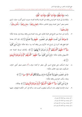 ‫النشر‬ ‫طيبة‬ ‫طرق‬ ‫من‬ ‫العشر‬ ‫اءات‬‫ر‬‫الق‬ ‫مجع‬
‫برسول‬ ‫السند‬ ‫متصل‬ ‫جماز‬ ‫شيخ‬ ‫عن‬ ‫التلقي‬ ‫هو‬ ‫التعلم‬ ‫يف‬ ‫األصل‬‫و‬ ،‫لالستذكار‬ ‫وسيلة‬ ‫هو‬ ‫بل‬ ‫العشر‬ ‫اءات‬‫ر‬‫الق‬ ‫مجع‬ ‫لتعلم‬ ‫وسيلة‬ ‫ليس‬ ‫الكتاب‬ ‫هذا‬‫وسلم‬ ‫عليه‬ ‫اهلل‬ ‫صلى‬ ‫اهلل‬.
4
‫أيضا‬‫و‬(‫َا‬‫ذ‬ِ‫إ‬َ‫و‬‫ِي‬‫ق‬َّ‫ل‬ْ‫م‬ُ‫ه‬( )َ‫ذ‬ِ‫إ‬َ‫و‬‫ا‬‫ِي‬‫ق‬~4
َّ‫ل‬ْ‫م‬ُ‫ه‬( )‫َا‬‫ذ‬ِ‫إ‬َ‫و‬‫ِي‬‫ق‬~6
َّ‫ل‬ْ‫م‬ُ‫ه‬.)
6.‫اءة‬‫ر‬‫ى‬‫ى‬‫ى‬‫ق‬ ‫إىل‬ ‫ىارة‬‫ى‬‫ى‬‫ش‬‫لإل‬‫و‬‫ىزة‬‫ى‬‫ى‬‫مح‬‫اي‬‫ز‬‫ى‬‫ى‬‫ى‬‫ل‬‫ا‬ ‫ىرف‬‫ى‬‫ى‬‫ح‬ ‫ى‬‫ى‬‫ى‬ِ‫ت‬‫ك‬‫اي‬‫ز‬‫ى‬‫ى‬‫ى‬‫ل‬‫ا‬ ‫ىوت‬‫ى‬‫ى‬‫ص‬ ‫ىاد‬‫ى‬‫ى‬‫ص‬‫ال‬ ‫ىا‬‫ى‬‫ى‬‫مش‬‫بد‬ ‫اءة‬‫ر‬‫ى‬‫ى‬‫ى‬‫ق‬‫ال‬ ‫يف‬ ‫ىه‬‫ى‬‫ى‬‫ق‬‫اف‬‫و‬ ‫ىن‬‫ى‬‫ى‬‫م‬‫و‬
‫حب‬‫ىالف‬‫خم‬ ‫ىون‬‫ل‬‫وب‬ ‫الصاد‬ ‫أسفل‬ ‫صغ‬ ‫جم‬‫ىكذا‬‫ى‬‫ه‬ ،(ِّ‫ص‬‫ل‬‫ا‬‫ز‬َ ‫َا‬‫ر‬)1
،(ِّ‫ص‬‫ز‬َ ‫َا‬‫ر‬)2
،(ْ‫ص‬َ‫أ‬‫ز‬ُ‫ق‬َ‫د‬)3
،
(ْ‫ص‬َ‫ي‬‫ز‬َ‫ن‬‫ُو‬‫ف‬ِ‫د‬)4
.
7.‫إ‬ ‫نا‬‫ر‬‫أش‬‫و‬‫هكذا‬ ‫بعدها‬ ‫او‬‫و‬ ‫يادة‬‫ز‬‫ب‬ ‫افقه‬‫و‬ ‫ومن‬ ‫الصلة‬ ‫وجه‬ ‫على‬ ‫لقالون‬ ‫حمرك‬ ‫قبل‬ ‫اجلمع‬ ‫ميم‬ ‫صلة‬ ‫ىل‬
{َ ‫َا‬‫ر‬ِ‫ص‬َ‫ت‬‫َم‬‫ع‬‫ن‬َ‫أ‬ َ‫ن‬‫ي‬ِ‫ذ‬َّ‫ل‬‫ا‬ُ‫م‬ِ‫ه‬‫َي‬‫ل‬َ‫ع‬‫و‬ْ‫غ‬َ‫مل‬‫ا‬ ِ‫ري‬َ‫غ‬ِ‫ب‬‫ُو‬‫ض‬ُ‫م‬ِ‫ه‬‫َي‬‫ل‬َ‫ع‬‫و‬َ‫ني‬ِّ‫ل‬‫ا‬َّ‫ض‬‫ل‬‫ا‬ َ‫ال‬َ‫و‬‫ﭴ‬}‫بعدها‬ ‫كان‬ ‫فدن‬ ،
‫لألزرق‬ ‫املد‬ ‫إشباع‬ ‫إىل‬ ‫نا‬‫ر‬‫أش‬ ‫فقد‬ ‫قطع‬ ‫مهزة‬‫افقه‬‫و‬ ‫ومن‬‫هكذا‬ ‫سابقا‬ ‫بينا‬ ‫كما‬{ْ‫ا‬‫ُو‬‫ر‬َ‫ف‬َ‫ك‬ َ‫ن‬‫ي‬ِ‫ذ‬َّ‫ل‬‫ا‬ َّ‫ن‬ِ‫إ‬
َ‫و‬َ‫س‬‫آ‬~6
ٌ‫ء‬ُ‫م‬ِ‫ه‬ْ‫ي‬َ‫ل‬َ‫ع‬‫و‬~6
َ‫أ‬َ‫ا‬ُ‫م‬ُ‫ه‬َ‫ْت‬‫ر‬َ‫ذ‬‫ن‬‫و‬~6
ْ‫م‬َ‫أ‬َ‫ال‬ ْ‫م‬ُ‫ه‬ْ‫ر‬ِ‫ذ‬‫ُن‬‫ت‬ ْ‫م‬َ‫ل‬َ‫ن‬‫ُو‬‫ن‬ِ‫م‬‫ُو‬‫ي‬‫ﭜ‬}‫عند‬ ‫الصلة‬ ‫توسش‬ ‫كذلك‬‫و‬ ،
‫هكذا‬ ‫وقالون‬ ‫األصبهاو‬{َ‫و‬َ‫س‬ ْ‫ا‬‫ُو‬‫ر‬َ‫ف‬َ‫ك‬ َ‫ن‬‫ي‬ِ‫ذ‬َّ‫ل‬‫ا‬ َّ‫ن‬ِ‫إ‬‫آ‬ٌ‫ء‬‫ُو‬‫م‬ِ‫ه‬ْ‫ي‬َ‫ل‬َ‫ع‬~4
َ‫أ‬َ‫ا‬‫ُو‬‫م‬ُ‫ه‬َ‫ت‬ْ‫ر‬َ‫ذ‬‫ن‬~4
َ‫ن‬‫ُو‬‫ن‬ِ‫م‬‫ُو‬‫ي‬ َ‫ال‬ ْ‫م‬ُ‫ه‬ْ‫ر‬ِ‫ذ‬‫ُن‬‫ت‬ ْ‫م‬َ‫ل‬ ْ‫م‬َ‫أ‬
‫ﭜ‬}.
8.‫حرف‬ ‫كتابة‬ ‫ف‬ ‫جعفر‬ ‫أليب‬ ‫السور‬ ‫اتح‬‫و‬‫ف‬ ‫على‬ ‫السكت‬ ‫لبيان‬(
‫س‬
)‫احلرف‬ ‫أعلى‬ ‫صغ‬ ‫حبجم‬
‫خمالف‬ ‫بلون‬ ‫عليه‬ ‫املسكوت‬‫هكذا‬:
{َّ‫ض‬‫ل‬‫ا‬ َ‫ال‬َ‫و‬ ْ‫م‬ِ‫ه‬‫َي‬‫ل‬َ‫ع‬ ِ‫ب‬‫ُو‬‫ض‬‫َغ‬‫مل‬‫ا‬ ِ‫ري‬َ‫غ‬‫آ‬َ‫ني‬ِّ‫ل‬{}‫ﭓ‬‫ﭒ‬‫ﭑ‬‫لف‬‫أ‬‫س‬
‫الم‬‫س‬
‫ميم‬‫س‬
‫ﭒ‬}
‫محزة‬ ‫سكت‬ ‫وماله‬‫افقه‬‫و‬ ‫ومن‬‫هكذا‬:
{ْ‫ا‬‫ُو‬‫ر‬َ‫ف‬َ‫ك‬ َ‫ن‬‫ي‬ِ‫ذ‬َّ‫ل‬‫ا‬ َّ‫ن‬ِ‫إ‬َ‫و‬َ‫س‬‫آ‬~6
ٌ‫ء‬‫ُم‬‫ه‬ْ‫ي‬َ‫ل‬َ‫ع‬ْ‫س‬
ْ‫م‬ُ‫ه‬َ‫ت‬ْ‫ر‬َ‫ذ‬‫ن‬َ‫أ‬َ‫أ‬‫س‬
ْ‫ن‬‫ُو‬‫ن‬ِ‫م‬‫ُو‬‫ي‬ َ‫ال‬ ْ‫م‬ُ‫ه‬ْ‫ر‬ِ‫ذ‬‫ُن‬‫ت‬ ْ‫م‬َ‫ل‬ ْ‫م‬َ‫أ‬‫ﭜ‬}‫وهكذا‬.
9.‫ىا‬‫ى‬‫ه‬‫علي‬ ‫ىوف‬‫ى‬‫ق‬‫املو‬ ‫ىة‬‫ى‬‫م‬‫الكل‬ ‫ىر‬‫ى‬‫خ‬‫آ‬ ‫يف‬ ‫ىاكنة‬‫ى‬‫س‬ ‫ىاء‬‫ى‬‫ه‬ ‫ىت‬‫ى‬‫ب‬‫كت‬‫ىوب‬‫ى‬‫ق‬‫ليع‬ ‫ىكت‬‫ى‬‫س‬‫ال‬ ‫ىاء‬‫ى‬‫ا‬ ‫ىف‬‫ى‬‫ق‬‫للو‬ ‫ىارة‬‫ى‬‫ش‬‫اإل‬ ‫ىان‬‫ى‬‫ي‬‫لب‬
1‫رقم‬ ‫اآلية‬ ‫الفاحتة‬ ‫سورة‬ ‫اضعه‬‫و‬‫م‬ ‫أول‬(6.)
2‫رقم‬ ‫اآلية‬ ‫الفاحتة‬ ‫سورة‬ ‫اضعه‬‫و‬‫م‬ ‫أول‬(7.)
3‫اض‬‫و‬‫م‬ ‫أول‬‫رقم‬ ‫اآلية‬ ‫النساء‬ ‫سورة‬ ‫عه‬(87.)
4‫رقم‬ ‫اآلية‬ ‫األنعا‬ ‫سورة‬ ‫اضعه‬‫و‬‫م‬ ‫أول‬(46.)
 