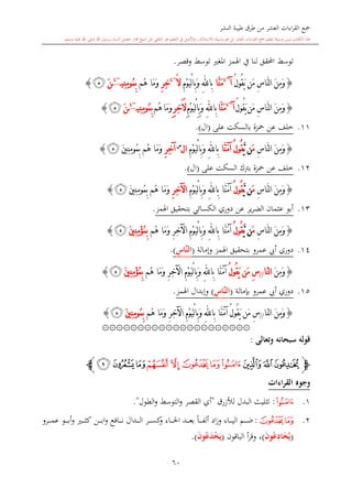 ‫النشر‬ ‫طيبة‬ ‫طرق‬ ‫من‬ ‫العشر‬ ‫اءات‬‫ر‬‫الق‬ ‫مجع‬
‫برسول‬ ‫السند‬ ‫متصل‬ ‫جماز‬ ‫شيخ‬ ‫عن‬ ‫التلقي‬ ‫هو‬ ‫التعلم‬ ‫يف‬ ‫األصل‬‫و‬ ،‫لالستذكار‬ ‫وسيلة‬ ‫هو‬ ‫بل‬ ‫العشر‬ ‫اءات‬‫ر‬‫الق‬ ‫مجع‬ ‫لتعلم‬ ‫وسيلة‬ ‫ليس‬ ‫الكتاب‬ ‫هذا‬‫وسلم‬ ‫عليه‬ ‫اهلل‬ ‫صلى‬ ‫اهلل‬.
60
‫وقصر‬ ‫توسش‬ ‫املغ‬ ‫اهلمز‬ ‫يف‬ ‫لنا‬ ‫احملقق‬ ‫توسش‬.
{ُ‫ل‬‫ُو‬‫ق‬َ‫ي‬ ‫َن‬‫م‬ ِ‫س‬‫َّا‬‫ن‬‫ل‬‫ا‬ َ‫ن‬ِ‫م‬َ‫و‬‫آ‬~4
‫َّا‬‫ن‬َ‫م‬‫ِا‬‫ب‬ِ‫هلل‬ِ‫م‬ْ‫و‬َ‫ي‬ْ‫ل‬‫ا‬ِ‫ب‬َ‫و‬َ‫ال‬َ~4
ِ‫ر‬ِ‫خ‬‫ُم‬‫ه‬ ‫َا‬‫م‬َ‫و‬ُ‫م‬ِ‫ب‬‫و‬‫ِي‬‫ن‬ِ‫م‬~4
َ‫ن‬‫ﭷ‬}
{‫َن‬‫م‬ ِ‫س‬‫َّا‬‫ن‬‫ل‬‫ا‬ َ‫ن‬ِ‫م‬َ‫و‬ُ‫ل‬‫ُو‬‫ق‬َ‫ي‬‫آ‬~4
َ‫م‬‫َّا‬‫ن‬‫ِا‬‫ب‬ِ‫هلل‬ِ‫م‬ْ‫و‬َ‫ي‬ْ‫ل‬‫ا‬ِ‫ب‬َ‫و‬َ‫ال‬ِ‫ر‬ِ‫خ‬‫ُم‬‫ه‬‫َا‬‫م‬َ‫و‬ُ‫م‬ِ‫ب‬‫و‬‫ِي‬‫ن‬ِ‫م‬~4
َ‫ن‬‫ﭷ‬}
11.‫على‬ ‫بالسكت‬ ‫محزة‬ ‫عن‬ ‫خلف‬(‫ال‬).
{ِ‫س‬‫َّا‬‫ن‬‫ل‬‫ا‬ َ‫ن‬ِ‫م‬َ‫و‬َ‫م‬‫ن‬َّ‫ي‬ُ‫ل‬‫ُو‬‫ق‬‫َّا‬‫ن‬َ‫م‬‫آ‬‫ِا‬‫ب‬ِ‫هلل‬ِ‫م‬ْ‫و‬َ‫ي‬ْ‫ل‬‫ا‬ِ‫ب‬َ‫و‬‫ال‬‫س‬
ِ‫ر‬ِ‫خ‬‫آ‬‫ُم‬‫ه‬ ‫َا‬‫م‬َ‫و‬ُ‫م‬ِ‫ب‬‫و‬َ‫ني‬ِ‫ن‬ِ‫م‬‫ﭷ‬}
12.‫ب‬ ‫محزة‬ ‫عن‬ ‫خلف‬‫رتك‬‫على‬ ‫السكت‬(‫ال‬).
{ِ‫س‬‫َّا‬‫ن‬‫ل‬‫ا‬ َ‫ن‬ِ‫م‬َ‫و‬َ‫م‬‫ن‬َّ‫ي‬ُ‫ل‬‫ُو‬‫ق‬‫َّا‬‫ن‬َ‫م‬‫آ‬‫ِا‬‫ب‬ِ‫هلل‬ِ‫م‬ْ‫و‬َ‫ي‬ْ‫ل‬‫ا‬ِ‫ب‬َ‫و‬ِ‫ر‬ِ‫خ‬‫اآل‬‫ُم‬‫ه‬ ‫َا‬‫م‬َ‫و‬ُ‫م‬ِ‫ب‬‫و‬َ‫ني‬ِ‫ن‬ِ‫م‬‫ﭷ‬}
13.‫اهلمز‬ ‫بتحقيق‬ ‫الكسائي‬ ‫دوري‬ ‫عن‬ ‫ير‬‫ر‬‫الض‬ ‫عامان‬ ‫أبو‬.
{ِ‫س‬‫َّا‬‫ن‬‫ل‬‫ا‬ َ‫ن‬ِ‫م‬َ‫و‬َ‫م‬‫ن‬َّ‫ي‬ُ‫ل‬‫ُو‬‫ق‬‫َّا‬‫ن‬َ‫م‬‫آ‬‫ِا‬‫ب‬ِ‫هلل‬‫ُم‬‫ه‬ ‫َا‬‫م‬َ‫و‬ ِ‫ر‬ِ‫خ‬‫اآل‬ ِ‫م‬ْ‫و‬َ‫ي‬ْ‫ل‬‫ا‬ِ‫ب‬َ‫و‬َ‫ني‬ِ‫ن‬ِ‫م‬ْ‫ؤ‬ُ‫م‬ِ‫ب‬‫ﭷ‬}
14.‫وإمالة‬ ‫اهلمز‬ ‫بتحقيق‬ ‫عمرو‬ ‫أيب‬ ‫دوري‬(‫ا‬ِ‫َّاس‬‫ن‬‫ل‬).
{َ‫ن‬ِ‫م‬َ‫و‬ّ‫ن‬‫ل‬‫ا‬‫ا‬//ُ‫ل‬‫ُو‬‫ق‬َ‫ي‬ ‫َن‬‫م‬ ِ‫س‬‫َّا‬‫ن‬َ‫م‬‫آ‬‫ِا‬‫ب‬ِ‫هلل‬ِ‫م‬ْ‫و‬َ‫ي‬ْ‫ل‬‫ا‬ِ‫ب‬َ‫و‬ِ‫ر‬ِ‫خ‬‫اآل‬‫ُم‬‫ه‬ ‫َا‬‫م‬َ‫و‬َ‫ني‬ِ‫ن‬ِ‫م‬ْ‫ؤ‬ُ‫م‬ِ‫ب‬‫ﭷ‬}
15.‫عمرو‬ ‫أيب‬ ‫دوري‬‫ب‬‫دمالة‬(ِ‫َّاس‬‫ن‬‫ال‬)‫وإبدال‬‫اهلمز‬.
{ّ‫ن‬‫ل‬‫ا‬ َ‫ن‬ِ‫م‬َ‫و‬‫ا‬//‫َّا‬‫ن‬َ‫م‬‫آ‬ ُ‫ل‬‫ُو‬‫ق‬َ‫ي‬ ‫َن‬‫م‬ ِ‫س‬‫ِا‬‫ب‬ِ‫هلل‬ِ‫م‬ْ‫و‬َ‫ي‬ْ‫ل‬‫ا‬ِ‫ب‬َ‫و‬ِ‫ر‬ِ‫خ‬‫اآل‬‫ُم‬‫ه‬ ‫َا‬‫م‬َ‫و‬ُ‫م‬ِ‫ب‬‫و‬َ‫ني‬ِ‫ن‬ِ‫م‬‫ﭷ‬}
۞۞۞۞۞۞۞۞۞۞۞۞۞۞۞۞۞۞۞۞۞
‫وتعالى‬ ‫سبحانه‬ ‫قوله‬:
‫ﭽ‬‫ﭺ‬‫ﭹ‬‫ﭸ‬‫ﭿ‬‫ﭾ‬‫ﭽ‬‫ﭼ‬‫ﭻ‬‫ﮂ‬‫ﮁ‬‫ﮀ‬‫ﭼ‬
‫القراءات‬ ‫وجوه‬
1.‫ﭻ‬:‫لألزرق‬ ‫البدل‬ ‫تاليث‬"‫الطول‬‫و‬ ‫التوسش‬‫و‬ ‫القصر‬ ‫أي‬."
2.‫ﭽ‬‫ﭼ‬:‫ىن‬‫ى‬‫ى‬‫ى‬‫ى‬‫ب‬‫ا‬‫و‬ ‫ىافع‬‫ى‬‫ى‬‫ى‬‫ى‬‫ن‬ ‫ىدال‬‫ى‬‫ى‬‫ى‬‫ى‬‫ل‬‫ا‬ ‫ىر‬‫ى‬‫ى‬‫ى‬‫ى‬‫س‬‫ك‬‫و‬ ‫ىاء‬‫ى‬‫ى‬‫ى‬‫ى‬‫خل‬‫ا‬ ‫ىد‬‫ى‬‫ى‬‫ى‬‫ى‬‫ع‬‫ب‬ ً‫ا‬‫ى‬‫ى‬‫ى‬‫ى‬‫ى‬‫ف‬‫أل‬ ‫اد‬‫ز‬‫و‬ ‫ىاء‬‫ى‬‫ى‬‫ى‬‫ى‬‫ي‬‫ال‬ ‫ىم‬‫ى‬‫ى‬‫ى‬‫ى‬‫ض‬‫ىرو‬‫ى‬‫ى‬‫ى‬‫ى‬‫م‬‫ع‬ ‫ىو‬‫ى‬‫ى‬‫ى‬‫ى‬‫ب‬‫أ‬‫و‬ ‫ى‬‫ى‬‫ى‬‫ى‬‫ى‬‫ا‬‫ك‬
(َ‫ن‬‫و‬ُ‫ع‬ِ‫اد‬َ‫خ‬ُ‫ي‬)‫الباقون‬ ‫أ‬‫ر‬‫وق‬ ،(َ‫ن‬‫و‬ُ‫ع‬َ‫د‬ْ‫خ‬َ‫ي‬.)
 
