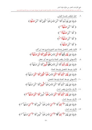 ‫النشر‬ ‫طيبة‬ ‫طرق‬ ‫من‬ ‫العشر‬ ‫اءات‬‫ر‬‫الق‬ ‫مجع‬
‫برسول‬ ‫السند‬ ‫متصل‬ ‫جماز‬ ‫شيخ‬ ‫عن‬ ‫التلقي‬ ‫هو‬ ‫التعلم‬ ‫يف‬ ‫األصل‬‫و‬ ،‫لالستذكار‬ ‫وسيلة‬ ‫هو‬ ‫بل‬ ‫العشر‬ ‫اءات‬‫ر‬‫الق‬ ‫مجع‬ ‫لتعلم‬ ‫وسيلة‬ ‫ليس‬ ‫الكتاب‬ ‫هذا‬‫وسلم‬ ‫عليه‬ ‫اهلل‬ ‫صلى‬ ‫اهلل‬.
71
6.‫القياس‬ ‫مسة‬ ‫بالوقف‬ ‫محزة‬.
{‫َا‬‫ذ‬ِ‫إ‬َ‫و‬‫َا‬‫م‬َ‫ك‬ ْ‫ا‬‫ُو‬‫ن‬ِ‫م‬‫آ‬ ْ‫م‬ُ‫ه‬َ‫ل‬ َ‫ل‬‫ِي‬‫ق‬~6
ْ‫ا‬‫ُو‬‫ل‬‫ا‬َ‫ق‬ ُ‫س‬‫َّا‬‫ن‬‫ل‬‫ا‬ َ‫ن‬َ‫م‬‫آ‬~6
‫َا‬‫م‬َ‫ك‬ ُ‫ن‬ِ‫م‬ْ‫ؤ‬ُ‫ن‬َ‫أ‬~6
َ‫ن‬َ‫م‬‫آ‬‫َا‬‫ه‬َ‫ف‬ُّ‫س‬‫ل‬‫ا‬}
{‫َا‬‫م‬َ‫ك‬~6
َ‫ن‬َ‫م‬‫آ‬َ‫ه‬َ‫ف‬ُّ‫س‬‫ل‬‫ا‬‫آ‬‫ا‬~4
}
{‫َا‬‫م‬َ‫ك‬~6
َ‫ن‬َ‫م‬‫آ‬َ‫ه‬َ‫ف‬ُّ‫س‬‫ل‬‫ا‬‫آ‬‫اا‬~6
}
{‫َا‬‫م‬َ‫ك‬~6
َ‫ن‬َ‫م‬‫آ‬َ‫ه‬َ‫ف‬ُّ‫س‬‫ل‬‫ا‬‫آ‬‫اا‬~6
ُ‫ا‬}
{‫َا‬‫م‬َ‫ك‬~6
َ‫ن‬َ‫م‬‫آ‬‫َا‬‫ه‬َ‫ف‬ُّ‫س‬‫ل‬‫ا‬ُ‫ا‬}
7.‫قالون‬‫ب‬‫قصر‬‫املنفصل‬‫و‬‫صلة‬‫اجلمع‬ ‫ميم‬‫و‬‫ج‬‫اندر‬‫كا‬‫ابن‬ ‫معه‬.
{َ‫ل‬‫ِي‬‫ق‬ ‫َا‬‫ذ‬ِ‫إ‬َ‫و‬ُ‫م‬ُ‫ه‬َ‫ل‬‫و‬ْ‫ا‬‫ُو‬‫ن‬ِ‫م‬‫آ‬َ‫ن‬َ‫م‬‫آ‬ ‫َا‬‫م‬َ‫ك‬ُ‫س‬‫َّا‬‫ن‬‫ل‬‫ا‬ُ‫ن‬ِ‫م‬ْ‫ؤ‬ُ‫ن‬َ‫أ‬ ْ‫ا‬‫ُو‬‫ل‬‫ا‬َ‫ق‬َ‫ن‬َ‫م‬‫آ‬ ‫َا‬‫م‬َ‫ك‬َ‫ه‬َ‫ف‬ُّ‫س‬‫ل‬‫ا‬‫آ‬ُ‫ء‬}
8.‫باإلبدال‬ ‫األصبهاو‬‫و‬‫قصر‬‫الصلة‬‫و‬‫ج‬‫اندر‬‫معه‬‫جعفر‬ ‫أبو‬.
{َ‫ل‬‫ِي‬‫ق‬ ‫َا‬‫ذ‬ِ‫إ‬َ‫و‬ُ‫م‬ُ‫ه‬َ‫ل‬‫و‬ْ‫ا‬‫ُو‬‫ن‬ِ‫م‬‫آ‬ُ‫س‬‫َّا‬‫ن‬‫ل‬‫ا‬ َ‫ن‬َ‫م‬‫آ‬ ‫َا‬‫م‬َ‫ك‬ْ‫ا‬‫ُو‬‫ل‬‫ا‬َ‫ق‬ُ‫ن‬َ‫أ‬‫و‬ُ‫ن‬ِ‫م‬َ‫ن‬َ‫م‬‫آ‬ ‫َا‬‫م‬َ‫ك‬ُّ‫س‬‫ل‬‫ا‬َ‫ه‬َ‫ف‬‫آ‬ُ‫ء‬}
9.‫الصلة‬ ‫وتوسش‬ ‫املنفصل‬ ‫بتوسش‬ ‫قالون‬.
{َ‫ل‬‫ِي‬‫ق‬ ‫َا‬‫ذ‬ِ‫إ‬َ‫و‬ُ‫م‬ُ‫ه‬َ‫ل‬‫و‬~4
‫َا‬‫م‬َ‫ك‬ ْ‫ا‬‫ُو‬‫ن‬ِ‫م‬‫آ‬~4
َ‫ن‬َ‫م‬‫آ‬ُ‫س‬‫َّا‬‫ن‬‫ل‬‫ا‬ْ‫ا‬‫ُو‬‫ل‬‫ا‬َ‫ق‬~4
ُ‫ن‬ِ‫م‬ْ‫ؤ‬ُ‫ن‬َ‫أ‬‫َا‬‫م‬َ‫ك‬~4
َ‫ن‬َ‫م‬‫آ‬َ‫ه‬َ‫ف‬ُّ‫س‬‫ل‬‫ا‬‫آ‬ُ‫ء‬}
10.‫األصبهاو‬‫املنفصل‬ ‫وتوسش‬ ‫الصلة‬ ‫بتوسش‬.
{ُ‫م‬ُ‫ه‬َ‫ل‬ َ‫ل‬‫ِي‬‫ق‬ ‫َا‬‫ذ‬ِ‫إ‬َ‫و‬‫و‬~4
‫َا‬‫م‬َ‫ك‬ ْ‫ا‬‫ُو‬‫ن‬ِ‫م‬‫آ‬~4
ْ‫ا‬‫ُو‬‫ل‬‫ا‬َ‫ق‬ ُ‫س‬‫َّا‬‫ن‬‫ل‬‫ا‬ َ‫ن‬َ‫م‬‫آ‬~4
َ‫أ‬ُ‫ن‬‫و‬ُ‫ن‬ِ‫م‬‫َا‬‫م‬َ‫ك‬~4
َ‫ن‬َ‫م‬‫آ‬َ‫ه‬َ‫ف‬ُّ‫س‬‫ل‬‫ا‬‫آ‬ُ‫ء‬}
11.‫البدل‬ ‫وقصر‬ ‫باإلشباع‬ ‫األزرق‬.
{َ‫ل‬‫ِي‬‫ق‬ ‫َا‬‫ذ‬ِ‫إ‬َ‫و‬ُ‫م‬ُ‫ه‬َ‫ل‬‫و‬~6
‫َا‬‫م‬َ‫ك‬ ْ‫ا‬‫ُو‬‫ن‬ِ‫م‬‫آ‬~6
َ‫ن‬َ‫م‬‫آ‬ُ‫س‬‫َّا‬‫ن‬‫ل‬‫ا‬ْ‫ا‬‫ُو‬‫ل‬‫ا‬َ‫ق‬~6
ُ‫ن‬َ‫أ‬‫و‬ُ‫ن‬ِ‫م‬‫َا‬‫م‬َ‫ك‬~6
َ‫ن‬َ‫م‬‫آ‬َ‫ه‬َ‫ف‬ُّ‫س‬‫ل‬‫ا‬‫آ‬~6
ُ‫ء‬}
12.‫البدل‬ ‫بتوسش‬ ‫األزرق‬.
{ُ‫م‬ُ‫ه‬َ‫ل‬ َ‫ل‬‫ِي‬‫ق‬ ‫َا‬‫ذ‬ِ‫إ‬َ‫و‬‫و‬~6
‫آ‬~4
ْ‫ا‬‫ُو‬‫ن‬ِ‫م‬‫َا‬‫م‬َ‫ك‬~6
‫آ‬~4
َ‫ن‬َ‫م‬َ‫ق‬ ُ‫س‬‫َّا‬‫ن‬‫ل‬‫ا‬ْ‫ا‬‫ُو‬‫ل‬‫ا‬~6
ُ‫ن‬َ‫أ‬‫و‬‫َا‬‫م‬َ‫ك‬ ُ‫ن‬ِ‫م‬~6
‫آ‬~4
َ‫ن‬َ‫م‬َ‫ه‬َ‫ف‬ُّ‫س‬‫ل‬‫ا‬‫آ‬~6
ُ‫ء‬}
13.‫البدل‬ ‫مبد‬ ‫األزرق‬.
{ُ‫م‬ُ‫ه‬َ‫ل‬ َ‫ل‬‫ِي‬‫ق‬ ‫َا‬‫ذ‬ِ‫إ‬َ‫و‬‫و‬~6
‫آ‬~6
ْ‫ا‬‫ُو‬‫ن‬ِ‫م‬‫َا‬‫م‬َ‫ك‬~6
‫آ‬~6
َ‫ن‬َ‫م‬ْ‫ا‬‫ُو‬‫ل‬‫ا‬َ‫ق‬ ُ‫س‬‫َّا‬‫ن‬‫ل‬‫ا‬~6
ُ‫ن‬َ‫أ‬‫و‬‫َا‬‫م‬َ‫ك‬ ُ‫ن‬ِ‫م‬~6
‫آ‬~6
َ‫ن‬َ‫م‬َ‫ه‬َ‫ف‬ُّ‫س‬‫ل‬‫ا‬‫آ‬~6
ُ‫ء‬}
 