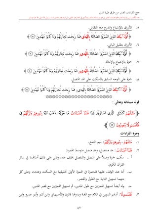 ‫النشر‬ ‫طيبة‬ ‫طرق‬ ‫من‬ ‫العشر‬ ‫اءات‬‫ر‬‫الق‬ ‫مجع‬
‫برسول‬ ‫السند‬ ‫متصل‬ ‫جماز‬ ‫شيخ‬ ‫عن‬ ‫التلقي‬ ‫هو‬ ‫التعلم‬ ‫يف‬ ‫األصل‬‫و‬ ،‫لالستذكار‬ ‫وسيلة‬ ‫هو‬ ‫بل‬ ‫العشر‬ ‫اءات‬‫ر‬‫الق‬ ‫مجع‬ ‫لتعلم‬ ‫وسيلة‬ ‫ليس‬ ‫الكتاب‬ ‫هذا‬‫وسلم‬ ‫عليه‬ ‫اهلل‬ ‫صلى‬ ‫اهلل‬.
82
5.‫با‬ ‫األزرق‬‫إلشباع‬‫النقاش‬ ‫معه‬ ‫ج‬‫اندر‬‫و‬.
{ُ‫أ‬َ‫ل‬ْ‫و‬~6
ِ‫ئ‬َ‫ك‬َ‫ر‬َ‫ت‬ْ‫ش‬‫ا‬ َ‫ن‬‫ي‬ِ‫ذ‬َّ‫ل‬‫ا‬ْ‫ا‬ُ‫و‬َ‫ة‬َ‫ل‬َ‫ال‬َّ‫ض‬‫ل‬‫ا‬‫َى‬‫د‬ُ‫ه‬ْ‫ل‬‫ا‬ِ‫ب‬‫َت‬‫ح‬ِ‫ب‬َ‫ر‬ ‫َا‬‫م‬َ‫ف‬ْ‫م‬ُ‫ه‬ُ‫ت‬َ‫ر‬‫َا‬‫ج‬ِّ‫ت‬َ‫ن‬‫ي‬ِ‫د‬َ‫ت‬ْ‫ه‬ُ‫م‬ ْ‫ا‬‫ُو‬‫ن‬‫ا‬َ‫ك‬ ‫َا‬‫م‬َ‫و‬‫ﯿ‬}
6.‫األزرق‬‫اليائي‬ ‫بتقليل‬.
{َ‫ل‬ْ‫و‬ُ‫أ‬~6
َ‫ك‬ِ‫ئ‬َ‫ن‬‫ي‬ِ‫ذ‬َّ‫ل‬‫ا‬َ‫ر‬َ‫ت‬ْ‫ش‬‫ا‬ْ‫ا‬ُ‫و‬َ‫ة‬َ‫ل‬َ‫ال‬َّ‫ض‬‫ل‬‫ا‬‫ُدى‬‫ه‬ْ‫ل‬‫ا‬ِ‫ب‬/‫َت‬‫ح‬ِ‫ب‬َ‫ر‬ ‫َا‬‫م‬َ‫ف‬ْ‫م‬ُ‫ه‬ُ‫ت‬َ‫ر‬‫َا‬‫ج‬ِّ‫ت‬َ‫ن‬‫ي‬ِ‫د‬َ‫ت‬ْ‫ه‬ُ‫م‬ ْ‫ا‬‫ُو‬‫ن‬‫ا‬َ‫ك‬ ‫َا‬‫م‬َ‫و‬‫ﯿ‬}
7.‫محزة‬‫با‬‫إلشباع‬‫و‬‫اإلمالة‬.
{َ‫ل‬ْ‫و‬ُ‫أ‬~6
َ‫ك‬ِ‫ئ‬َ‫ر‬َ‫ت‬ْ‫ش‬‫ا‬ َ‫ن‬‫ي‬ِ‫ذ‬َّ‫ل‬‫ا‬ْ‫ا‬ُ‫و‬َ‫ة‬َ‫ل‬َ‫ال‬َّ‫ض‬‫ل‬‫ا‬‫ُدى‬‫ه‬ْ‫ل‬‫ا‬ِ‫ب‬//‫َت‬‫ح‬ِ‫ب‬َ‫ر‬ ‫َا‬‫م‬َ‫ف‬ْ‫م‬ُ‫ه‬ُ‫ت‬َ‫ر‬‫َا‬‫ج‬ِّ‫ت‬ُ‫م‬ ْ‫ا‬‫ُو‬‫ن‬‫ا‬َ‫ك‬ ‫َا‬‫م‬َ‫و‬َ‫ن‬‫ي‬ِ‫د‬َ‫ت‬ْ‫ه‬‫ﯿ‬}
8.‫محزة‬‫املتصل‬ ‫املد‬ ‫على‬ ‫بالسكت‬ ‫السابق‬ ‫الوجه‬ ‫على‬.
{َ‫ل‬ْ‫و‬ُ‫أ‬~6‫س‬
َ‫ك‬ِ‫ئ‬َ‫ر‬َ‫ت‬ْ‫ش‬‫ا‬ َ‫ن‬‫ي‬ِ‫ذ‬َّ‫ل‬‫ا‬ْ‫ا‬ُ‫و‬َ‫ة‬َ‫ل‬َ‫ال‬َّ‫ض‬‫ل‬‫ا‬‫ُدى‬‫ه‬ْ‫ل‬‫ا‬ِ‫ب‬//‫َا‬‫م‬َ‫ف‬‫َت‬‫ح‬ِ‫ب‬َ‫ر‬ْ‫م‬ُ‫ه‬ُ‫ت‬َ‫ر‬‫َا‬‫ج‬ِّ‫ت‬َ‫ن‬‫ي‬ِ‫د‬َ‫ت‬ْ‫ه‬ُ‫م‬ ْ‫ا‬‫ُو‬‫ن‬‫ا‬َ‫ك‬ ‫َا‬‫م‬َ‫و‬‫ﯿ‬}
۞۞۞۞۞۞۞۞۞۞۞۞۞۞۞۞۞۞۞۞۞
‫وتعالى‬ ‫سبحانه‬ ‫قوله‬:
‫ﭽ‬‫ﭑ‬‫ﭕ‬ ‫ﭔ‬ ‫ﭓ‬ ‫ﭒ‬‫ﭗ‬ ‫ﭖ‬‫ﭛ‬ ‫ﭚ‬ ‫ﭙ‬ ‫ﭘ‬‫ﭝ‬ ‫ﭜ‬‫ﭞ‬
‫ﭠ‬‫ﭟ‬‫ﭡ‬‫ﭢ‬‫ﭼ‬
‫القراءات‬ ‫وجوه‬
1.‫ﭑ‬،‫ﭝ‬‫ﭜ‬:‫اجلمع‬ ‫ميم‬.
2.‫ﭖﭗ‬:‫اهلمزة‬ ‫متوسش‬ ‫متصل‬ ‫ومد‬ ،‫منفصل‬ ‫مد‬:
‫أ‬.‫عنه‬ ‫لف‬ ‫املنفصل‬‫و‬ ‫املتصل‬ ‫على‬ ً‫ال‬‫وص‬ ‫محزة‬ ‫سكت‬،‫سائر‬ ‫يف‬ ‫أمااهلما‬ ‫ذلك‬ ‫على‬ ‫وقس‬
‫القرآن‬‫الكرمي‬.
‫ب‬.‫حت‬ ‫األوىل‬ ‫اهلمزة‬ ‫يف‬ ‫فلحمزة‬ ‫عليها‬ ‫الوقف‬ ‫عند‬ ‫أما‬‫كل‬ ‫وعلى‬ ،‫وعدمه‬ ‫السكت‬ ‫مع‬ ‫قيقها‬
‫القصر‬‫و‬ ‫الطول‬ ‫مع‬ ‫الاانية‬ ‫تسهيل‬ ‫منهما‬.
‫ى‬‫ج‬.‫املدين‬ ‫قصر‬ ‫مع‬ ‫تني‬‫ز‬‫اهلم‬ ‫تسهيل‬ ‫مث‬ ،‫املدين‬ ‫طول‬ ‫مع‬ ‫تني‬‫ز‬‫اهلم‬ ‫تسهيل‬ ً‫ا‬‫أيض‬ ‫له‬‫و‬.
3.‫ﭠ‬‫ﭟ‬:‫وبدو‬ ‫الغنة‬ ‫مع‬ ‫الال‬ ‫يف‬ ‫التنوين‬ ‫أدغم‬‫هن‬‫ىن‬‫ب‬‫ا‬‫و‬ ‫ىرو‬‫م‬‫ع‬ ‫ىو‬‫ب‬‫أ‬‫و‬ ‫كا‬‫ابن‬‫و‬ ‫األصبهاو‬‫و‬ ‫قالون‬ ‫ا‬
 