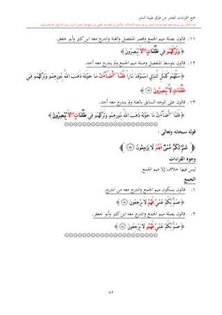 ‫النشر‬ ‫طيبة‬ ‫طرق‬ ‫من‬ ‫العشر‬ ‫اءات‬‫ر‬‫الق‬ ‫مجع‬
‫برسول‬ ‫السند‬ ‫متصل‬ ‫جماز‬ ‫شيخ‬ ‫عن‬ ‫التلقي‬ ‫هو‬ ‫التعلم‬ ‫يف‬ ‫األصل‬‫و‬ ،‫لالستذكار‬ ‫وسيلة‬ ‫هو‬ ‫بل‬ ‫العشر‬ ‫اءات‬‫ر‬‫الق‬ ‫مجع‬ ‫لتعلم‬ ‫وسيلة‬ ‫ليس‬ ‫الكتاب‬ ‫هذا‬‫وسلم‬ ‫عليه‬ ‫اهلل‬ ‫صلى‬ ‫اهلل‬.
85
11.‫املنفصل‬ ‫وقصر‬ ‫اجلمع‬ ‫ميم‬ ‫بصلة‬ ‫قالون‬‫الغنة‬‫و‬‫جعفر‬ ‫أبو‬‫و‬ ‫كا‬‫ابن‬ ‫معه‬ ‫ج‬‫اندر‬‫و‬.
{ُ‫م‬ُ‫ه‬َ‫ك‬َ‫ر‬َ‫ت‬َ‫و‬‫و‬‫ِي‬‫ف‬‫َا‬‫م‬ُ‫ل‬ُ‫ظ‬ٍ‫ت‬‫غنة‬
َ‫ال‬َ‫ن‬‫ُو‬‫ر‬ِ‫ص‬ْ‫ب‬ُ‫ي‬}
12.‫اجلمع‬ ‫ميم‬ ‫وصلة‬ ‫املنفصل‬ ‫بتوسش‬ ‫قالون‬‫أحد‬ ‫معه‬ ‫ج‬‫يندر‬ ‫مل‬‫و‬.
{ُ‫م‬ُ‫ه‬ُ‫ل‬َ‫ث‬َ‫م‬‫و‬ً‫ا‬‫ار‬َ‫ن‬ َ‫د‬َ‫ق‬ْ‫و‬َ‫ت‬ْ‫س‬‫ا‬ ‫ِي‬‫ذ‬َّ‫ل‬‫ا‬ ِ‫ل‬َ‫ث‬َ‫م‬َ‫ك‬‫ا‬َّ‫م‬َ‫ل‬َ‫ف‬~4
َ‫ض‬َ‫أ‬‫آ‬َ‫ء‬ْ‫ت‬َ‫ب‬َ‫ه‬َ‫ذ‬ ُ‫ه‬َ‫ل‬ْ‫و‬َ‫ح‬ ‫ا‬َ‫م‬ُ‫هلل‬‫ا‬ُ‫م‬ِ‫ه‬ِ‫ر‬‫ُو‬‫ن‬ِ‫ب‬‫و‬ُ‫م‬ُ‫ه‬َ‫ك‬َ‫ر‬َ‫ت‬َ‫و‬‫و‬‫ي‬ِ‫ف‬
َ‫ن‬‫ُو‬‫ر‬ِ‫ص‬ْ‫ب‬ُ‫ي‬ َّ‫ال‬ ٍ‫ت‬‫َا‬‫م‬ُ‫ل‬ُ‫ظ‬‫ﭢ‬}
13.‫قالون‬‫بالغنة‬ ‫السابق‬ ‫الوجه‬ ‫على‬‫أحد‬ ‫معه‬ ‫ج‬‫يندر‬ ‫مل‬‫و‬.
{‫َّا‬‫م‬َ‫ل‬َ‫ف‬~4
َ‫ض‬َ‫أ‬‫آ‬َ‫ء‬ْ‫و‬َ‫ح‬ ‫َا‬‫م‬ ْ‫ت‬َ‫ب‬َ‫ه‬َ‫ذ‬ ُ‫ه‬َ‫ل‬ُ‫هلل‬‫ا‬ُ‫م‬ِ‫ه‬ِ‫ر‬‫ُو‬‫ن‬ِ‫ب‬‫و‬ُ‫م‬ُ‫ه‬َ‫ك‬َ‫ر‬َ‫ت‬َ‫و‬‫و‬‫ِي‬‫ف‬‫َا‬‫م‬ُ‫ل‬ُ‫ظ‬ٍ‫ت‬‫غنة‬
َ‫ال‬َ‫ن‬‫ُو‬‫ر‬ِ‫ص‬ْ‫ب‬ُ‫ي‬}
۞۞۞۞۞۞۞۞۞۞۞۞۞۞۞۞۞۞۞۞۞
‫وتعالى‬ ‫سبحانه‬ ‫قوله‬:
‫ﭽ‬‫ﭥ‬‫ﭤ‬‫ﭣ‬‫ﭦ‬‫ﭩ‬‫ﭨ‬‫ﭧ‬‫ﭼ‬
‫القراءات‬ ‫وجوه‬
‫فيها‬ ‫ليس‬‫خالف‬‫اجلمع‬ ‫ميم‬ ‫إال‬.
‫الجمع‬
1.‫قالون‬‫ب‬‫ج‬‫اندر‬ ‫من‬ ‫معه‬ ‫ج‬‫اندر‬‫و‬ ‫اجلمع‬ ‫ميم‬ ‫سكون‬.
{ُ‫ع‬ ٌ‫م‬ْ‫ك‬ُ‫ب‬ ٌّ‫م‬ُ‫ص‬ٌ‫ي‬ْ‫م‬ْ‫م‬ُ‫ه‬َ‫ف‬َ‫ن‬‫ُو‬‫ع‬ِ‫ج‬ْ‫ر‬َ‫ي‬ َ‫ال‬‫ﭩ‬}
2.‫جعفر‬ ‫أبو‬‫و‬ ‫كا‬‫ابن‬ ‫معه‬ ‫ج‬‫اندر‬‫و‬ ‫اجلمع‬ ‫ميم‬ ‫بصلة‬ ‫قالون‬.
{ٌ‫ي‬ْ‫م‬ُ‫ع‬ ٌ‫م‬ْ‫ك‬ُ‫ب‬ ٌّ‫م‬ُ‫ص‬ُ‫م‬ُ‫ه‬َ‫ف‬‫و‬َ‫ن‬‫ُو‬‫ع‬ِ‫ج‬ْ‫ر‬َ‫ي‬ َ‫ال‬‫ﭩ‬}
۞۞۞۞۞۞۞۞۞۞۞۞۞۞۞۞۞۞۞۞۞
1
 