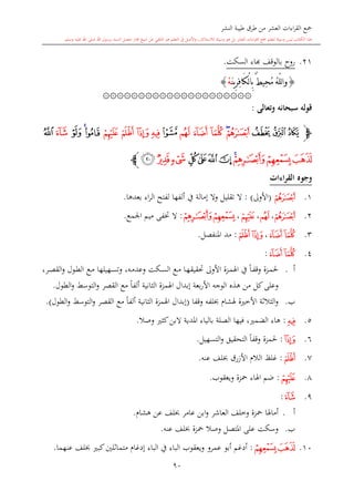 ‫النشر‬ ‫طيبة‬ ‫طرق‬ ‫من‬ ‫العشر‬ ‫اءات‬‫ر‬‫الق‬ ‫مجع‬
‫برسول‬ ‫السند‬ ‫متصل‬ ‫جماز‬ ‫شيخ‬ ‫عن‬ ‫التلقي‬ ‫هو‬ ‫التعلم‬ ‫يف‬ ‫األصل‬‫و‬ ،‫لالستذكار‬ ‫وسيلة‬ ‫هو‬ ‫بل‬ ‫العشر‬ ‫اءات‬‫ر‬‫الق‬ ‫مجع‬ ‫لتعلم‬ ‫وسيلة‬ ‫ليس‬ ‫الكتاب‬ ‫هذا‬‫وسلم‬ ‫عليه‬ ‫اهلل‬ ‫صلى‬ ‫اهلل‬.
90
21.‫روا‬‫السكت‬ ‫ااء‬ ‫بالوقف‬.
{‫و‬َ‫ك‬ْ‫ل‬‫ا‬ِ‫ب‬ ٌ‫ط‬‫ِي‬‫ح‬ُ‫م‬ ُ‫ه‬ّ‫ل‬‫ل‬‫ا‬َ‫ن‬‫ي‬ِ‫ر‬ِ‫ف‬‫ا‬ْ‫ه‬}
۞۞۞۞۞۞۞۞۞۞۞۞۞۞۞۞۞۞۞۞۞
‫وتعالى‬ ‫سبحانه‬ ‫قوله‬:
‫ﭽ‬‫ﮁ‬‫ﮀ‬‫ﭿ‬‫ﮂ‬‫ﮃ‬‫ﮆ‬‫ﮅ‬‫ﮄ‬‫ﮇ‬‫ﮋ‬‫ﮊ‬‫ﮉ‬‫ﮈ‬‫ﮌ‬‫ﮍ‬‫ﮎ‬‫ﮏ‬‫ﮐ‬
‫ﮓ‬‫ﮒ‬‫ﮑ‬‫ﮔ‬‫ﮘ‬‫ﮗ‬‫ﮖ‬‫ﮕ‬‫ﮚ‬‫ﮙ‬‫ﮛ‬‫ﭼ‬
‫القراءات‬ ‫وجوه‬
1.‫ﮂ‬(‫األوىل‬: )‫بعدها‬ ‫اء‬‫ر‬‫ال‬ ‫لفتح‬ ‫ألفها‬ ‫يف‬ ‫إمالة‬ ‫وال‬ ‫تقليل‬ ‫ال‬.
2.‫ﮂ‬،‫ﮆ‬،‫ﮋ‬،‫ﮒ‬‫ﮓ‬:‫اجلمع‬ ‫ميم‬ ‫ختفى‬ ‫ال‬.
3.‫ﮅ‬‫ﮄ‬،‫ﮊ‬‫ﮉ‬:‫املنفصل‬ ‫مد‬.
4.‫ﮅ‬‫ﮄ‬:
‫أ‬.،‫ىر‬‫ى‬‫ص‬‫الق‬‫و‬ ‫ىول‬‫ى‬‫ط‬‫ال‬ ‫ىع‬‫ى‬‫م‬ ‫ىهيلها‬‫ى‬‫س‬‫وت‬ ،‫ىه‬‫ى‬‫م‬‫وعد‬ ‫ىكت‬‫ى‬‫س‬‫ال‬ ‫ىع‬‫ى‬‫م‬ ‫ىا‬‫ى‬‫ه‬‫حتقيق‬ ‫األوىل‬ ‫ىزة‬‫ى‬‫م‬‫اهل‬ ‫يف‬ ً‫ا‬‫ى‬‫ى‬‫ف‬‫وق‬ ‫ىزة‬‫ى‬‫م‬‫حل‬
‫الطول‬‫و‬ ‫التوسش‬‫و‬ ‫القصر‬ ‫مع‬ ً‫ا‬‫ألف‬ ‫الاانية‬ ‫اهلمزة‬ ‫إبدال‬ ‫بعة‬‫ر‬‫األ‬ ‫الوجه‬ ‫هذ‬ ‫من‬ ‫كل‬‫وعلى‬.
‫ب‬.‫لفه‬ ‫هلشا‬ ‫ة‬ ‫األخ‬ ‫الة‬‫ال‬‫الا‬‫و‬‫وقف‬‫ا‬(‫الطول‬‫و‬ ‫التوسش‬‫و‬ ‫القصر‬ ‫مع‬ ً‫ا‬‫ألف‬ ‫الاانية‬ ‫اهلمزة‬ ‫إبدال‬).
5.‫ﮈ‬:‫وصال‬ ‫كا‬‫البن‬ ‫املدية‬ ‫بالياء‬ ‫الصلة‬ ‫فيها‬ ، ‫الضم‬ ‫هاء‬.
6.‫ﮉ‬:‫التسهيل‬‫و‬ ‫التحقيق‬ ً‫ا‬‫وقف‬ ‫حلمزة‬.
7.‫ﮊ‬:‫عنه‬ ‫لف‬ ‫األزرق‬ ‫الال‬ ‫غلت‬.
8.‫ﮋ‬:‫ويعقوب‬ ‫محزة‬ ‫اهلاء‬ ‫ضم‬.
9.‫ﮏ‬:
‫أ‬.‫أ‬‫محزة‬ ‫ماهلا‬‫العاشر‬ ‫وخلف‬‫اب‬‫و‬‫هشا‬ ‫عن‬ ‫لف‬ ‫عامر‬ ‫ن‬.
‫ب‬.‫املتصل‬ ‫على‬ ‫وسكت‬‫وصال‬‫عنه‬ ‫لف‬ ‫محزة‬.
10.‫ﮒ‬‫ﮑ‬:‫أدغم‬‫ويعقوب‬ ‫عمرو‬ ‫أبو‬‫كب‬‫اللني‬‫ا‬‫متم‬ ‫إدغا‬ ‫الباء‬ ‫يف‬ ‫الباء‬‫عنهما‬ ‫لف‬.
 