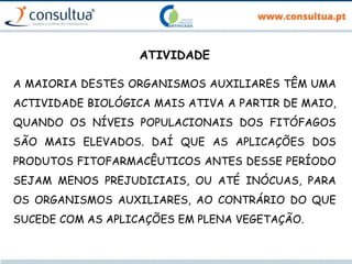 ATIVIDADE
A MAIORIA DESTES ORGANISMOS AUXILIARES TÊM UMA
ACTIVIDADE BIOLÓGICA MAIS ATIVA A PARTIR DE MAIO,
QUANDO OS NÍVEIS POPULACIONAIS DOS FITÓFAGOS
SÃO MAIS ELEVADOS. DAÍ QUE AS APLICAÇÕES DOS
PRODUTOS FITOFARMACÊUTICOS ANTES DESSE PERÍODO
SEJAM MENOS PREJUDICIAIS, OU ATÉ INÓCUAS, PARA
OS ORGANISMOS AUXILIARES, AO CONTRÁRIO DO QUE
SUCEDE COM AS APLICAÇÕES EM PLENA VEGETAÇÃO.
 