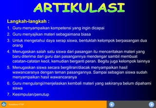 Sosialisasi KTSP
Langkah-langkah :
1. Guru menyampaikan kompetensi yang ingin dicapai
2. Guru menyajikan materi sebagaimana biasa
3. Untuk mengetahui daya serap siswa, bentuklah kelompok berpasangan dua
orang
4. Menugaskan salah satu siswa dari pasangan itu menceritakan materi yang
baru diterima dari guru dan pasangannya mendengar sambil membuat
catatan-catatan kecil, kemudian berganti peran. Begitu juga kelompok lainnya
5. Menugaskan siswa secara bergiliran/diacak menyampaikan hasil
wawancaranya dengan teman pasangannya. Sampai sebagian siswa sudah
menyampaikan hasil wawancaranya
6. Guru mengulangi/menjelaskan kembali materi yang sekiranya belum dipahami
siswa
7. Kesimpulan/penutup
 
