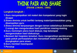 Sosialisasi KTSP
(FRANK LYMAN, 1985)
Langkah-langkah :
1.Guru menyampaikan inti materi dan kompetensi yang ingin
dicapai
2.Siswa diminta untuk berfikir tentang materi/permasalahan yang
disampaikan guru
3.Siswa diminta berpasangan dengan teman sebelahnya (kelompok
2 orang) dan mengutarakan hasil pemikiran masing-masing
4.Guru memimpin pleno kecil diskusi, tiap kelompok
mengemukakan hasil diskusinya
5.Berawal dari kegiatan tersebut, Guru mengarahkan pembicaraan
pada pokok permasalahan dan menambah materi yang belum
diungkapkan para siswa
6.Guru memberi kesimpulan
7.Penutup
 