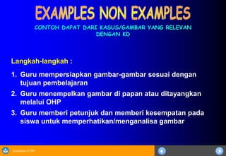 Sosialisasi KTSP
CONTOH DAPAT DARI KASUS/GAMBAR YANG RELEVAN
DENGAN KD
Langkah-langkah :
1. Guru mempersiapkan gambar-gambar sesuai dengan
tujuan pembelajaran
2. Guru menempelkan gambar di papan atau ditayangkan
melalui OHP
3. Guru memberi petunjuk dan memberi kesempatan pada
siswa untuk memperhatikan/menganalisa gambar
 