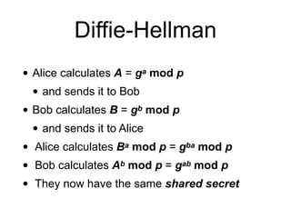 Diffie-Hellman
• Alice calculates A = ga mod p
• and sends it to Bob
• Bob calculates B = gb mod p
• and sends it to Alice
• Alice calculates Ba mod p = gba mod p
• Bob calculates Ab mod p = gab mod p
• They now have the same shared secret
 