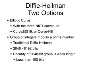 Diffie-Hellman
Two Options
• Elliptic Curve
• With the three NIST curves, or
• Curve25519, or Curve448
• Group of integers modulo a prime number
• Traditional Diffie-Hellman
• 2048 - 8192 bits
• Security of 2048-bit group is weak length
• Less than 100 bits
 