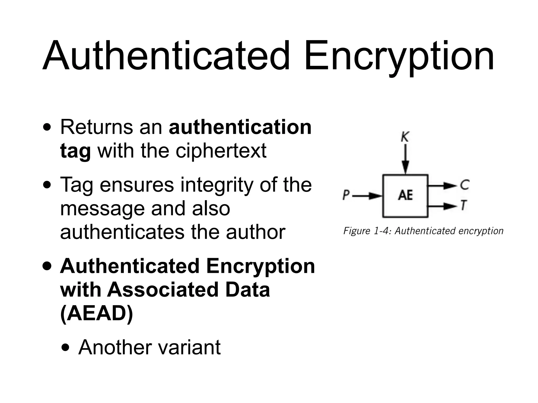 Authenticated Encryption
• Returns an authentication
tag with the ciphertext


• Tag ensures integrity of the
message and also
authenticates the author


• Authenticated Encryption
with Associated Data
(AEAD)


• Another variant
 