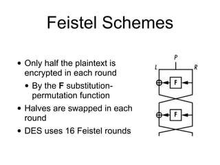 Feistel Schemes
• Only half the plaintext is
encrypted in each round


• By the F substitution-
permutation function


• Halves are swapped in each
round


• DES uses 16 Feistel rounds
 
