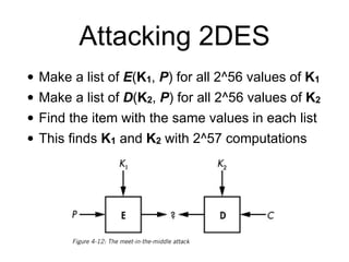 Attacking 2DES
• Make a list of E(K1, P) for all 2^56 values of K1


• Make a list of D(K2, P) for all 2^56 values of K2


• Find the item with the same values in each list


• This finds K1 and K2 with 2^57 computations
 