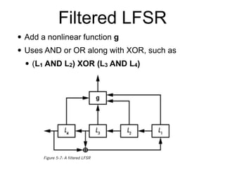 Filtered LFSR
• Add a nonlinear function g


• Uses AND or OR along with XOR, such as


• (L1 AND L2) XOR (L3 AND L4)
 