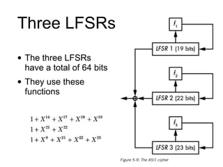 Three LFSRs
• The three LFSRs
have a total of 64 bits


• They use these
functions
 