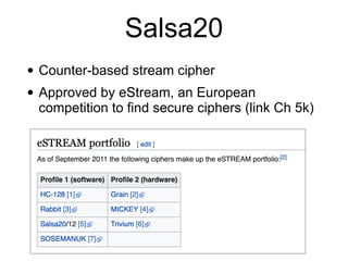 Salsa20
• Counter-based stream cipher


• Approved by eStream, an European
competition to find secure ciphers (link Ch 5k)
 