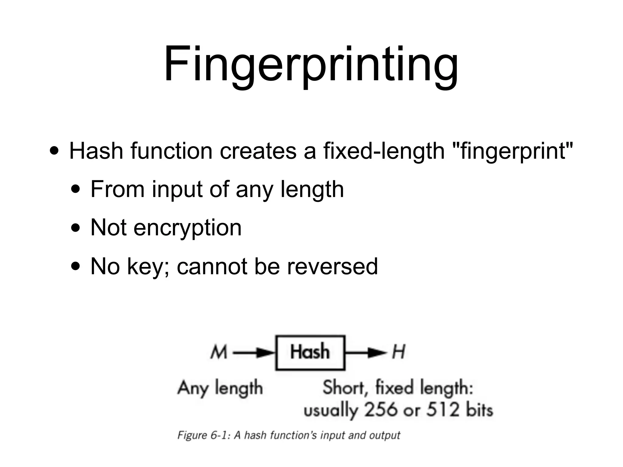 Fingerprinting
• Hash function creates a fixed-length "fingerprint"
• From input of any length
• Not encryption
• No key; cannot be reversed
 