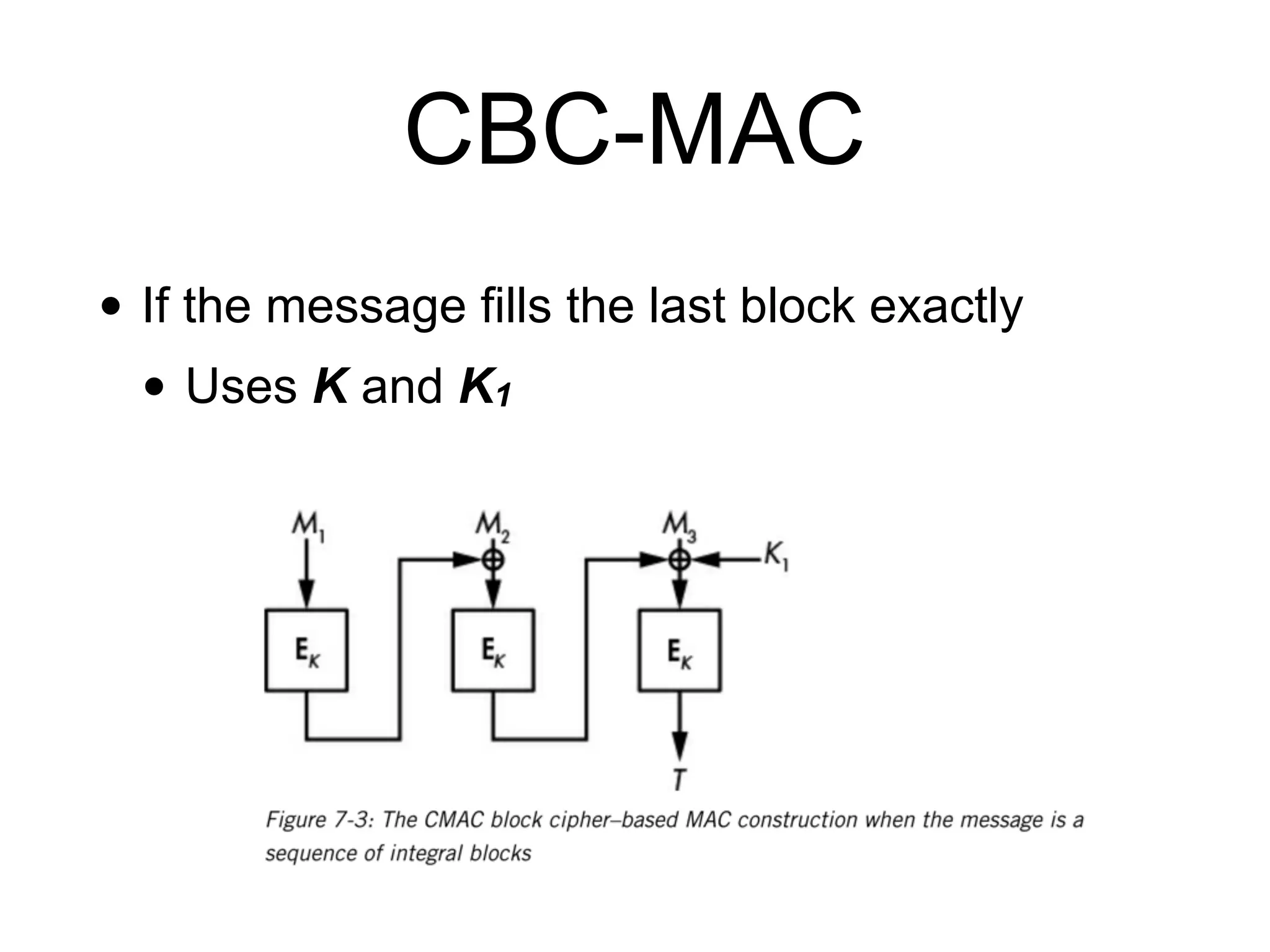 CBC-MAC
• If the message fills the last block exactly
• Uses K and K1
 