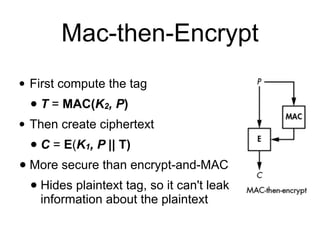 Mac-then-Encrypt
• First compute the tag
• T = MAC(K2, P)
• Then create ciphertext
• C = E(K1, P || T)
• More secure than encrypt-and-MAC
• Hides plaintext tag, so it can't leak
information about the plaintext
 