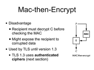 Mac-then-Encrypt
• Disadvantage
• Recipient must decrypt C before
checking the MAC
• Might expose the recipient to
corrupted data
• Used by TLS until version 1.3
• TLS 1.3 uses authenticated
ciphers (next section)
 