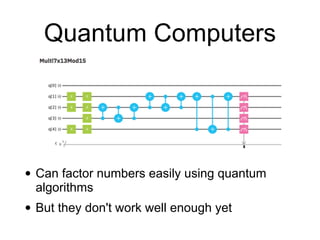 Quantum Computers
• Can factor numbers easily using quantum
algorithms
• But they don't work well enough yet
 