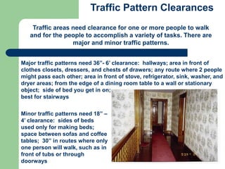 Traffic Pattern Clearances
Traffic areas need clearance for one or more people to walk
and for the people to accomplish a ...