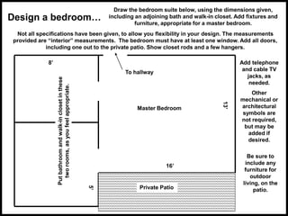 Design a bedroom…
Draw the bedroom suite below, using the dimensions given,
including an adjoining bath and walk-in closet...