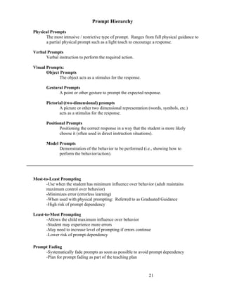 Prompt Hierarchy

Physical Prompts
      The most intrusive / restrictive type of prompt. Ranges from full physical guidance to
      a partial physical prompt such as a light touch to encourage a response.

Verbal Prompts
      Verbal instruction to perform the required action.

Visual Prompts:
       Object Prompts
             The object acts as a stimulus for the response.

       Gestural Prompts
             A point or other gesture to prompt the expected response.

       Pictorial (two-dimensional) prompts
              A picture or other two dimensional representation (words, symbols, etc.)
              acts as a stimulus for the response.

       Positional Prompts
              Positioning the correct response in a way that the student is more likely
              choose it (often used in direct instruction situations).

       Model Prompts
             Demonstration of the behavior to be performed (i.e., showing how to
             perform the behavior/action).




Most-to-Least Prompting
      -Use when the student has minimum influence over behavior (adult maintains
      maximum control over behavior)
      -Minimizes error (errorless learning)
      -When used with physical prompting: Referred to as Graduated Guidance
      -High risk of prompt dependency

Least-to-Most Prompting
       -Allows the child maximum influence over behavior
       -Student may experience more errors
       -May need to increase level of prompting if errors continue
       -Lower risk of prompt dependency

Prompt Fading
     -Systematically fade prompts as soon as possible to avoid prompt dependency
     -Plan for prompt fading as part of the teaching plan



                                                                 21
 