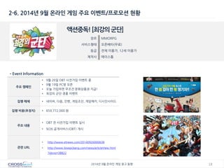 18 
2014년 9월 온라인 게임 광고 동향 
2-6. 2014년 9월 온라인 게임 주요 이벤트/프로모션 현황 
액션중독! [최강의 군단] 
장르 
MMORPG 
서비스형태 
오픈베타(무료) 
등급 
전체 이용가, 12세 이용가 
제작사 
에이스톰 
•Event Information 
주요 캠페인 
•9월 26일 OBT 사전가입 이벤트 중 
•9월 19일 PC방 오픈 
•오늘 가입하면 무조건 문화상품권 지급! 
•최강의 군단 경품 이벤트 
집행 매체 
•네이버, 다음, 인벤, 게임조선, 게임메카, 디시인사이드 
집행 비용(추정치) 
•659,772,000 원 
주요 내용 
•OBT 전 사전가입 이벤트 실시 
•9/26 공개서비스(OBT) 개시 
관련 URL 
•http://www.etnews.com/20140926000638 
•http://www.ilovepcbang.com/news/articleView.html?idxno=38822  