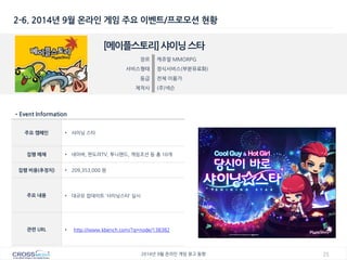 21 
2014년 9월 온라인 게임 광고 동향 
2-6. 2014년 9월 온라인 게임 주요 이벤트/프로모션 현황 
[메이플스토리] 샤이닝 스타 
장르 
캐쥬얼 MMORPG 
서비스형태 
정식서비스(부분유료화) 
등급 
전체 이용가 
제작사 
(주)넥슨 
•Event Information 
주요 캠페인 
•샤이닝 스타 
집행 매체 
•네이버, 판도라TV, 투니랜드, 게임조선 등 총 10개 
집행 비용(추정치) 
•209,353,000 원 
주요 내용 
•대규모 업데이트 ‘샤이닝스타’ 실시 
관련 URL 
•http://www.kbench.com/?q=node/138382  