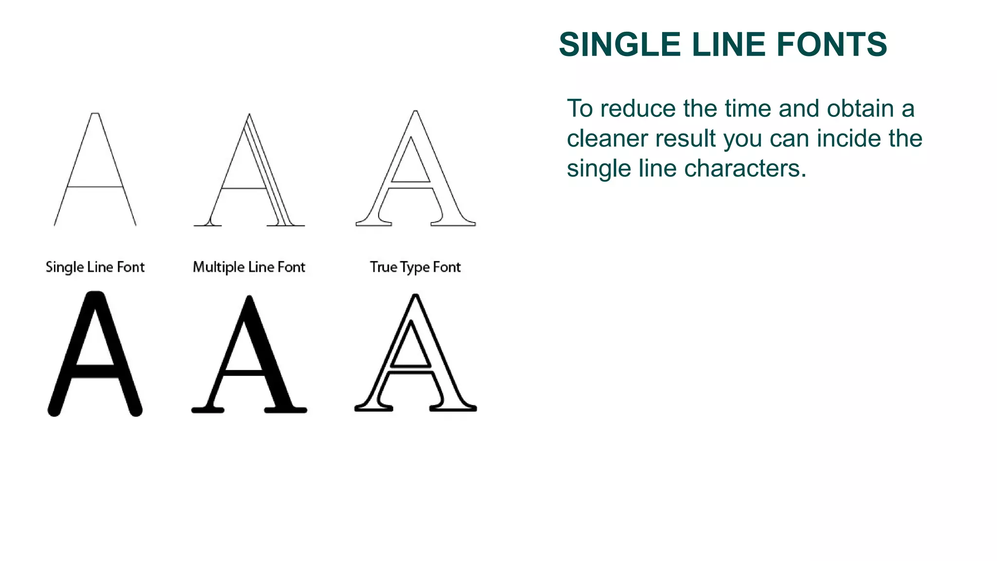 To reduce the time and obtain a
cleaner result you can incide the
single line characters.
SINGLE LINE FONTS
 