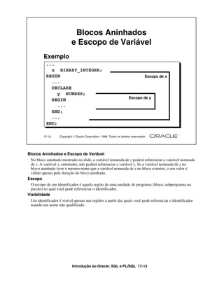 Blocos Aninhados
                             e Escopo de Variável
          Exemplo
           ...
             x BINARY_INTEGER;
           BEGIN                                                                      Escopo de x
             ...
             DECLARE
                y NUMBER;
                                                                         Escopo de y
             BEGIN
                ...
             END;
             ...
           END;

          17-13     Copyright  Oracle Corporation, 1999. Todos os direitos reservados.




Blocos Aninhados e Escopo de Variável
  No bloco aninhado mostrado no slide, a variável nomeada de y poderá referenciar a variável nomeada
  de x. A variável x, entretanto, não poderá referenciar a variável y. Se a variável nomeada de y no
  bloco aninhado tiver o mesmo nome que a variável nomeada de x no bloco exterior, o seu valor é
  válido apenas pela duração do bloco aninhado.
Escopo
  O escopo de um identificador é aquela região de uma unidade de programa (bloco, subprograma ou
  pacote) no qual você pode referenciar o identificador.
Visibilidade
  Um identificador é visível apenas nas regiões a partir das quais você pode referenciar o identificador
  usando um nome não qualificado.




                             Introdução ao Oracle: SQL e PL/SQL 17-13
 