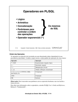 Operadores em PL/SQL

               • Lógico
               • Aritmético
               • Concatenação
               • Parênteses para
                 controlar a ordem
                 das operações
               • Operador exponencial (**)
                                                                 }                Os mesmos
                                                                                    do SQL




             17-14   Copyright  Oracle Corporation, 1999. Todos os direitos reservados.




Ordem das Operações
 As operações na expressão são executadas em uma determinada ordem, dependendo de suas
 precedências (prioridade). A tabela a seguir mostra a ordem padrão das operações de cima a baixo:
  Operador                                            Operação
  **, NOT                                             Exponenciação, negação, lógica
  +, -                                                Identidade, negação
  *, /                                                Multiplicação, divisão
  +, -, ||                                            Adição, subtração, concatenação
  =, !=, <, >, <=, >=, IS NULL, LIKE,                 Comparação
  BETWEEN, IN
  AND                                                 Conjunção
  OR                                                  Inclusão

 Observação: Não é necessário usar parênteses com as expressões booleanas, mas isso facilita a
 leitura do texto.
 Para obter mais informações sobre os operadores, consulte PL/SQL User’s Guide and Reference,
 Release 8, "Fundamentals".



                              Introdução ao Oracle: SQL e PL/SQL 17-14
 