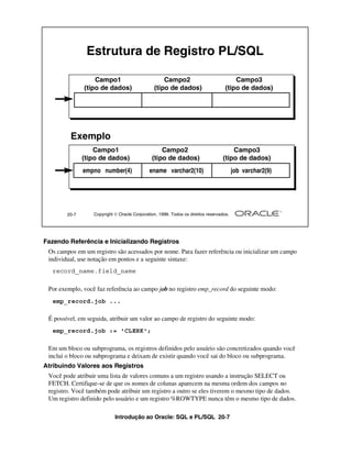 Estrutura de Registro PL/SQL

                   Campo1                          Campo2                              Campo3
               (tipo de dados)                 (tipo de dados)                     (tipo de dados)




         Exemplo
                   Campo1                         Campo2                              Campo3
               (tipo de dados)                (tipo de dados)                     (tipo de dados)
               empno number(4)               ename varchar2(10)                         job varchar2(9)




        20-7      Copyright  Oracle Corporation, 1999. Todos os direitos reservados.




Fazendo Referência e Inicializando Registros
 Os campos em um registro são acessados por nome. Para fazer referência ou inicializar um campo
 individual, use notação em pontos e a seguinte sintaxe:
  record_name.field_name

 Por exemplo, você faz referência ao campo job no registro emp_record do seguinte modo:
  emp_record.job ...

 É possível, em seguida, atribuir um valor ao campo de registro do seguinte modo:
  emp_record.job := 'CLERK';

 Em um bloco ou subprograma, os registros definidos pelo usuário são concretizados quando você
 inclui o bloco ou subprograma e deixam de existir quando você sai do bloco ou subprograma.
Atribuindo Valores aos Registros
 Você pode atribuir uma lista de valores comuns a um registro usando a instrução SELECT ou
 FETCH. Certifique-se de que os nomes de colunas aparecem na mesma ordem dos campos no
 registro. Você também pode atribuir um registro a outro se eles tiverem o mesmo tipo de dados.
 Um registro definido pelo usuário e um registro %ROWTYPE nunca têm o mesmo tipo de dados.

                            Introdução ao Oracle: SQL e PL/SQL 20-7
 