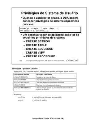 Privilégios de Sistema de Usuário
           • Quando o usuário for criado, o DBA poderá
             conceder privilégios de sistema específicos
             para ele.
          GRANT privilégio [, privilégio...]
          TO usuário [, usuário...];

           • Um desenvolvedor de aplicação pode ter os
             seguintes privilégios de sistema:
              – CREATE SESSION
              – CREATE TABLE
              – CREATE SEQUENCE
              – CREATE VIEW
              – CREATE PROCEDURE
         14-7      Copyright  Oracle Corporation, 1999. Todos os direitos reservados.




Privilégios Típicos de Usuário
 Agora que o DBA criou um usuário, o DBA poder atribuir privilégios àquele usuário.
  Privilégio de Sistema            Operações Autorizadas
  CREATE SESSION                   Conectar-se ao banco de dados
  CREATE TABLE                     Criar tabelas no esquema do usuário
  CREATE SEQUENCE                  Criar uma seqüência no esquema do usuário
  CREATE VIEW                      Criar uma view no esquema do usuário
  CREATE PROCEDURE                 Criar um função, pacote ou procedimento armazenado no
                                   esquema do usuário


 Na sintaxe:
      privilégio             é o privilégio de sistema a ser concedido
      usuário                é o nome do usuário




                             Introdução ao Oracle: SQL e PL/SQL 14-7
 