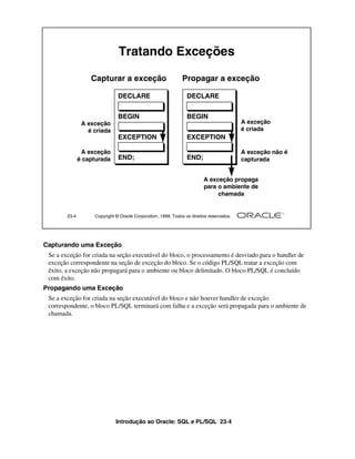 Tratando Exceções

                   Capturar a exceção                          Propagar a exceção

                               DECLARE                           DECLARE


                               BEGIN                             BEGIN
                A exceção                                                                 A exceção
                  é criada                                                                é criada
                               EXCEPTION                         EXCEPTION

                A exceção                                                                 A exceção não é
               é capturada     END;                              END;                     capturada


                                                                         A exceção propaga
                                                                         para o ambiente de
                                                                              chamada


        23-4        Copyright © Oracle Corporation, 1999. Todos os direitos reservados.




Capturando uma Exceção
 Se a exceção for criada na seção executável do bloco, o processamento é desviado para o handler de
 exceção correspondente na seção de exceção do bloco. Se o código PL/SQL tratar a exceção com
 êxito, a exceção não propagará para o ambiente ou bloco delimitado. O bloco PL/SQL é concluído
 com êxito.
Propagando uma Exceção
 Se a exceção for criada na seção executável do bloco e não houver handler de exceção
 correspondente, o bloco PL/SQL terminará com falha e a exceção será propagada para o ambiente de
 chamada.




                              Introdução ao Oracle: SQL e PL/SQL 23-4
 