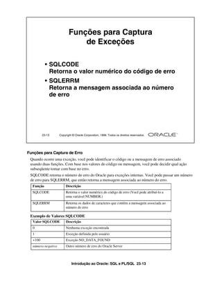 Funções para Captura
                               de Exceções

           • SQLCODE
             Retorna o valor numérico do código de erro
           • SQLERRM
             Retorna a mensagem associada ao número
             de erro




         23-13      Copyright © Oracle Corporation, 1999. Todos os direitos reservados.




Funções para Captura de Erro
 Quando ocorre uma exceção, você pode identificar o código ou a mensagem de erro associado
 usando duas funções. Com base nos valores do código ou mensagem, você pode decidir qual ação
 subseqüente tomar com base no erro.
 SQLCODE retorna o número do erro do Oracle para exceções internas. Você pode passar um número
 de erro para SQLERRM, que então retorna a mensagem associada ao número do erro.
  Função                 Descrição
  SQLCODE                Retorna o valor numérico do código de erro (Você pode atribuí-lo a
                         uma variável NUMBER.)
  SQLERRM                Retorna os dados de caracteres que contêm a mensagem associada ao
                         número do erro

 Exemplo de Valores SQLCODE
  Valor SQLCODE          Descrição
  0                      Nenhuma exceção encontrada
  1                      Exceção definida pelo usuário
  +100                   Exceção NO_DATA_FOUND
  número negativo        Outro número de erro do Oracle Server



                             Introdução ao Oracle: SQL e PL/SQL 23-13
 