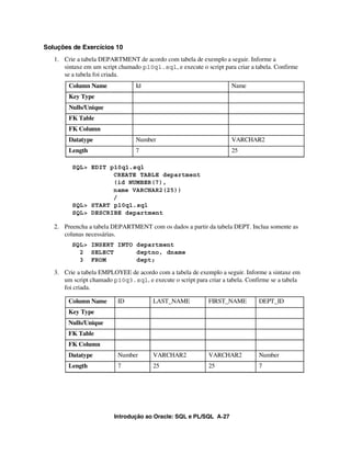 Soluções de Exercícios 10
   1. Crie a tabela DEPARTMENT de acordo com tabela de exemplo a seguir. Informe a
      sintaxe em um script chamado p10q1.sql, e execute o script para criar a tabela. Confirme
      se a tabela foi criada.
        Column Name              Id                                  Name
        Key Type
        Nulls/Unique
        FK Table
        FK Column
        Datatype                 Number                              VARCHAR2
        Length                   7                                   25

         SQL> EDIT p10q1.sql
                    CREATE TABLE department
                    (id NUMBER(7),
                    name VARCHAR2(25))
                    /
         SQL> START p10q1.sql
         SQL> DESCRIBE department

   2. Preencha a tabela DEPARTMENT com os dados a partir da tabela DEPT. Inclua somente as
      colunas necessárias.
         SQL> INSERT INTO department
           2 SELECT       deptno, dname
           3 FROM         dept;

   3. Crie a tabela EMPLOYEE de acordo com a tabela de exemplo a seguir. Informe a sintaxe em
      um script chamado p10q3.sql, e execute o script para criar a tabela. Confirme se a tabela
      foi criada.

        Column Name       ID            LAST_NAME           FIRST_NAME         DEPT_ID
        Key Type
        Nulls/Unique
        FK Table
        FK Column
        Datatype          Number        VARCHAR2            VARCHAR2           Number
        Length            7             25                  25                 7




                         Introdução ao Oracle: SQL e PL/SQL A-27
 