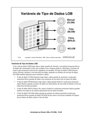 Variáveis de Tipo de Dados LOB
                                                                                        Manual
                                                                                        (CLOB)


                                                                                         Foto
                                                                                        (BLOB)

                                                                                         Filme
                                                                                        (BFILE)


                                                                                        NCLOB


       16-30      Copyright  Oracle Corporation, 1999. Todos os direitos reservados.




Variáveis de Tipo de Dados LOB
 Com o tipo de dados LOB (large object, objeto grande) do Oracle8, você poderá armazenar blocos
 de dados não estruturados (como, por exemplo, texto, imagens gráficas, videoclipes e formatos de
 arquivo para armazenar sons) de até 4 gigabytes em tamanho. Os tipos de dados LOB fornecem
 acesso eficiente, aleatório e em intervalos aos dados, podendo ser atributos de um tipo de objeto.
 Os LOBs também suportam acesso aleatório a dados.
   •   O tipo de dados CLOB (character large object, objeto grande de caractere) é usado para
       armazenar blocos grandes de dados com caracteres de um único byte no banco de dados.
   •   O tipo de dados BLOB (binary large object, objeto grande binário) é usado para armazenar
       objeto binários grandes no banco de dados em linha (dentro de uma linha de tabela) ou fora de
       linha (fora da linha de tabela).
   •   O tipo de dados BFILE (binary file, arquivo binário) é usado para armazenar objetos grandes
       binários em arquivos do sistema operacional fora do banco de dados.
   •   O tipo de dados NCLOB (objeto grande de caractere do idioma nacional) é usado para
       armazenar blocos grandes de dados NCHAR de byte único ou de bytes múltiplos de largura
       fixa no banco de dados, dentro e fora de linha.




                           Introdução ao Oracle: SQL e PL/SQL 16-30
 