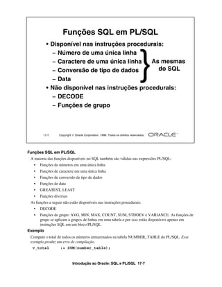 Funções SQL em PL/SQL
          • Disponível nas instruções procedurais:



                                                                                }
            – Número de uma única linha
            – Caractere de uma única linha    As mesmas
            – Conversão de tipo de dados        do SQL
            – Data
          • Não disponível nas instruções procedurais:
            – DECODE
            – Funções de grupo




        17-7      Copyright  Oracle Corporation, 1999. Todos os direitos reservados.




Funções SQL em PL/SQL
 A maioria das funções disponíveis no SQL também são válidas nas expressões PL/SQL:
   •   Funções de números em uma única linha
   •   Funções de caractere em uma única linha
   •   Funções de conversão de tipo de dados
   •   Funções de data
   •   GREATEST, LEAST
   •   Funções diversas
 As funções a seguir não estão disponíveis nas instruções procedurais:
   •   DECODE
   •   Funções de grupo: AVG, MIN, MAX, COUNT, SUM, STDDEV e VARIANCE. As funções de
       grupo se aplicam a grupos de linhas em uma tabela e por isso estão disponíveis apenas em
       instruções SQL em um bloco PL/SQL
Exemplo
 Compute o total de todos os números armazenados na tabela NUMBER_TABLE do PL/SQL. Esse
 exemplo produz um erro de compilação.
  v_total          := SUM(number_table);


                            Introdução ao Oracle: SQL e PL/SQL 17-7
 